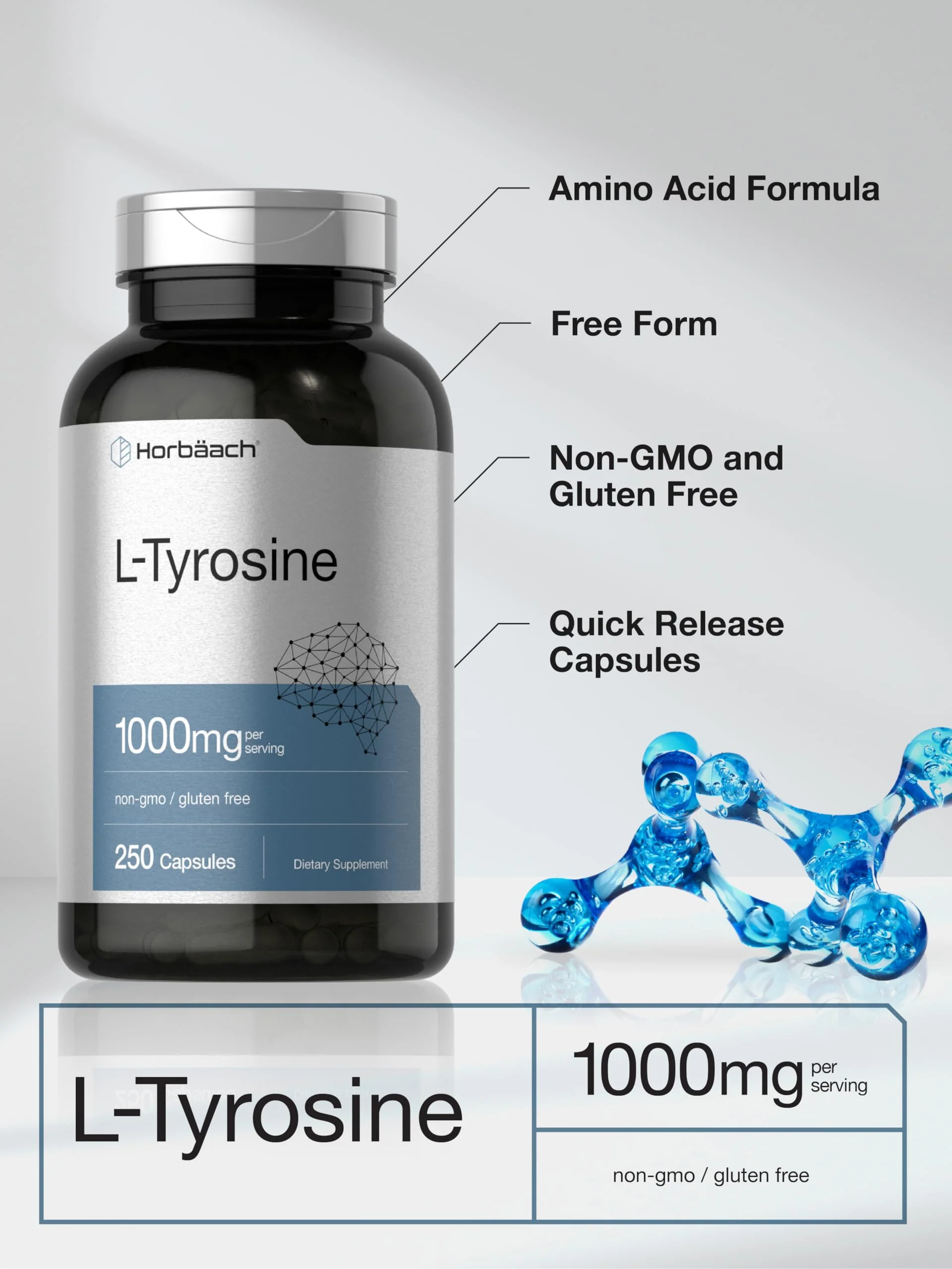 Horbäach L-Tyrosine Supplement | 1000mg | 250 Capsules | Non-GMO and Gluten Free Formula - Image 6