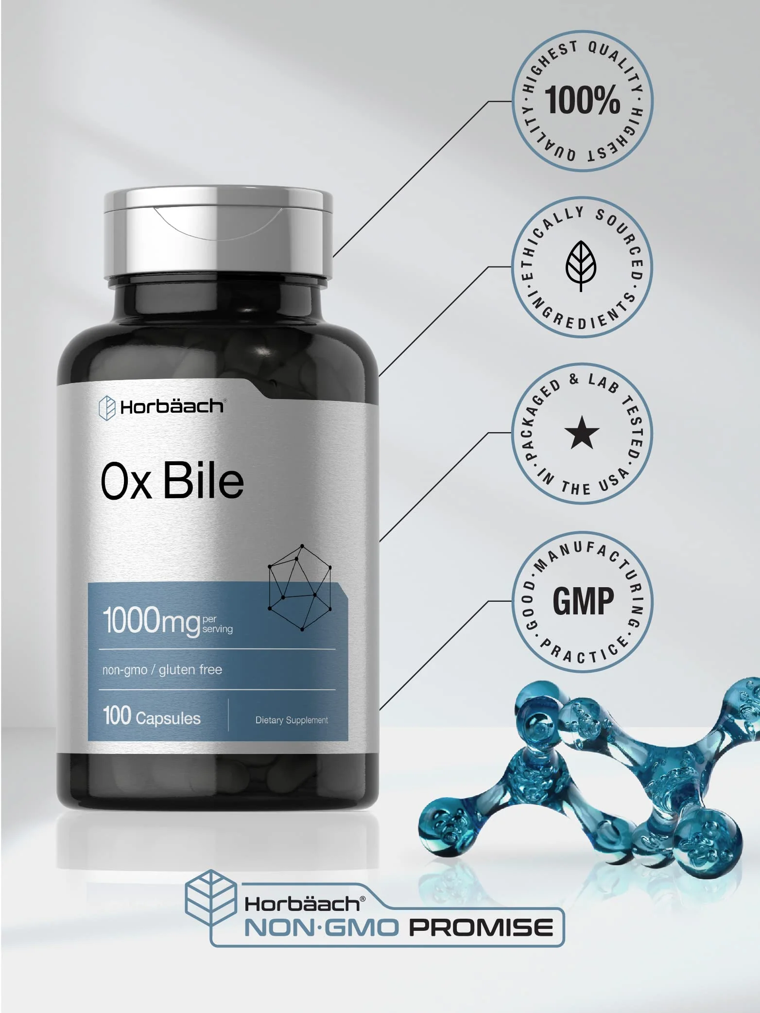 Horbäach Ox Bile Supplement | 1000mg | 100 Capsules | Digestive Enzymes Supplement | Non-GMO & Gluten Free - Image 4