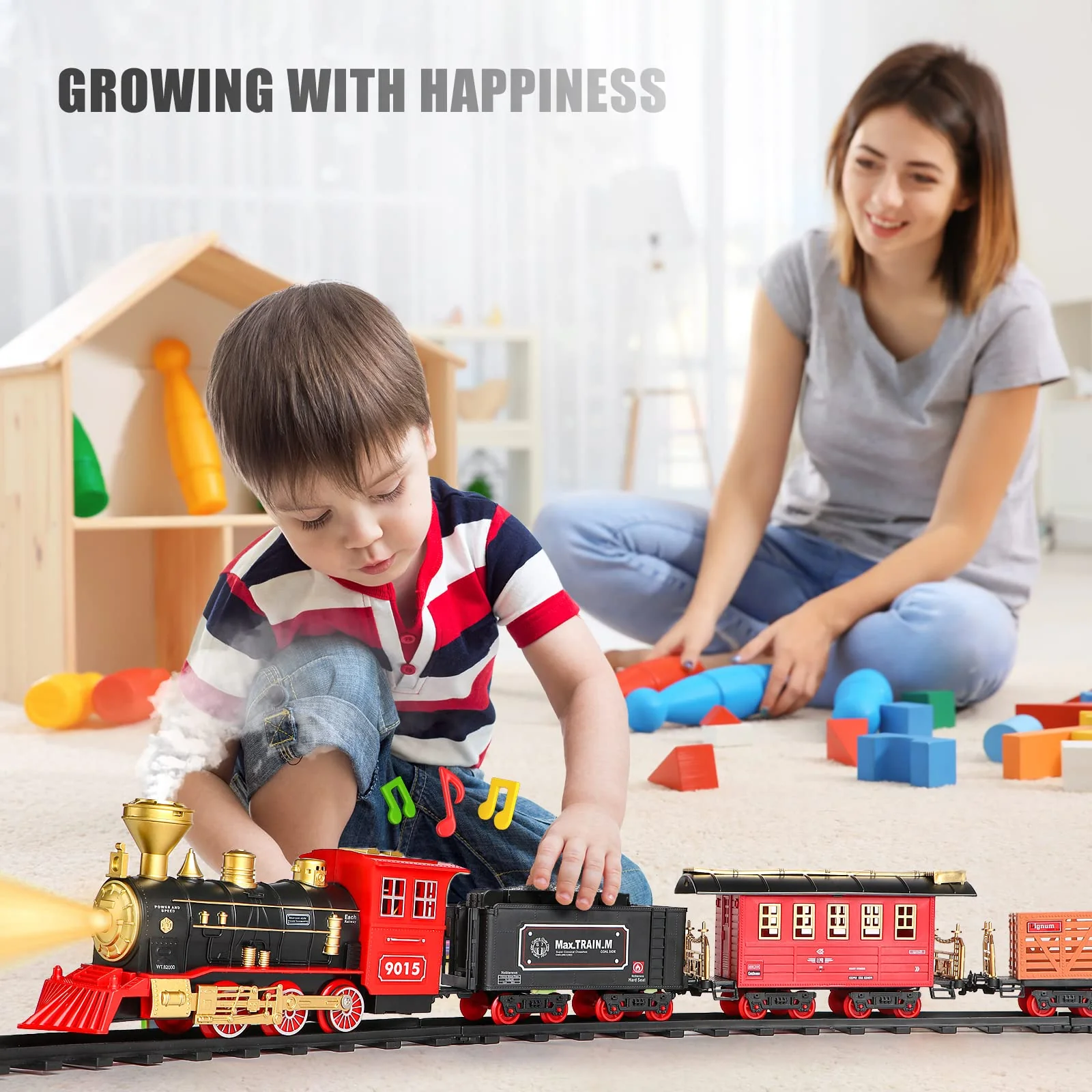 Hot Bee Train Set - Train Toys for Boys with Smokes, Lights and Sound, Toy Train Set for Under Christmas Tree, Toddler Model Trains for 3 4 5 6 7 8+ Years Old Kids Christmas Toys Gifts - Image 2