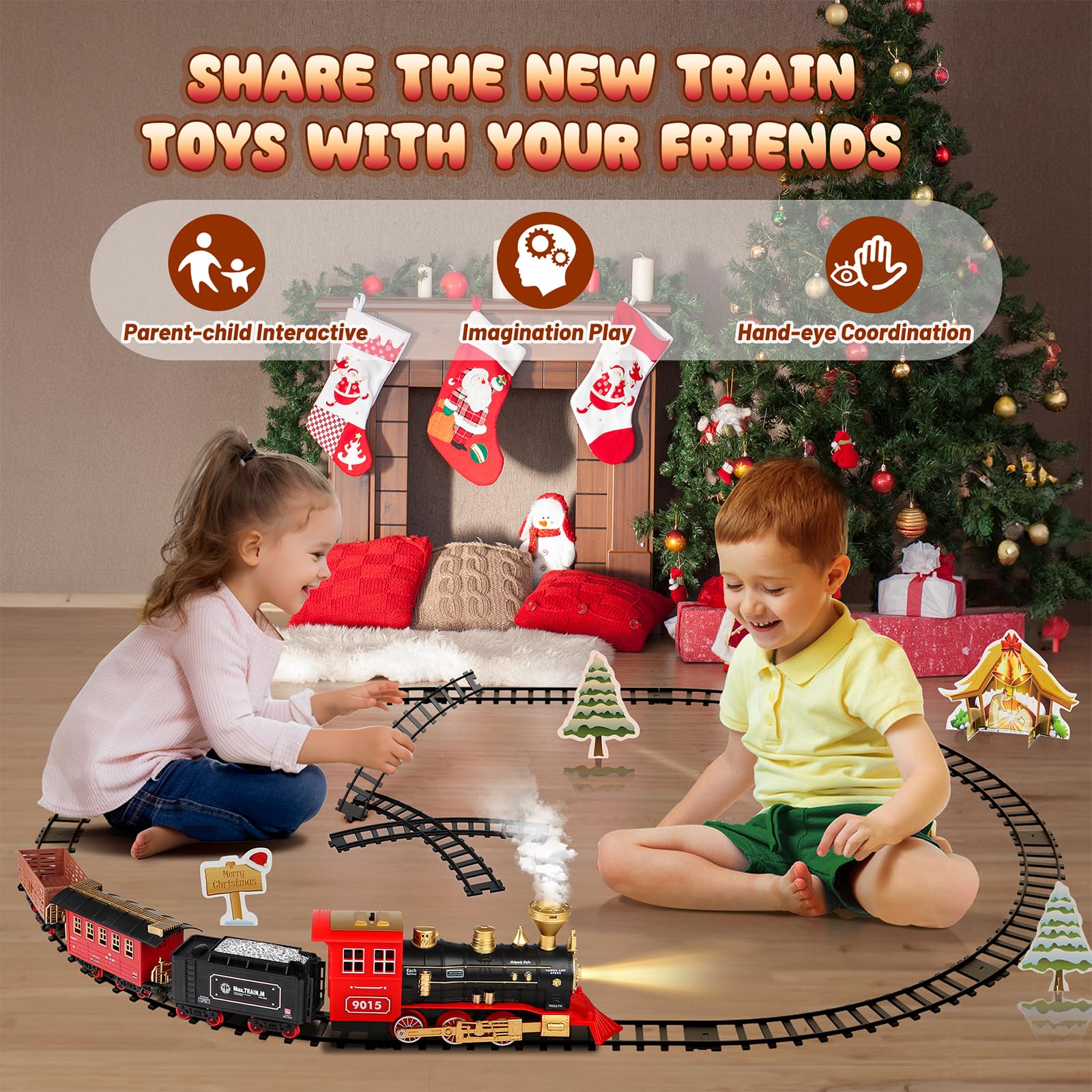 Hot Bee Train Set - Train Toys for Boys with Smokes, Lights and Sound, Toy Train Set for Under Christmas Tree, Toddler Model Trains for 3 4 5 6 7 8+ Years Old Kids Christmas Toys Gifts - Image 3