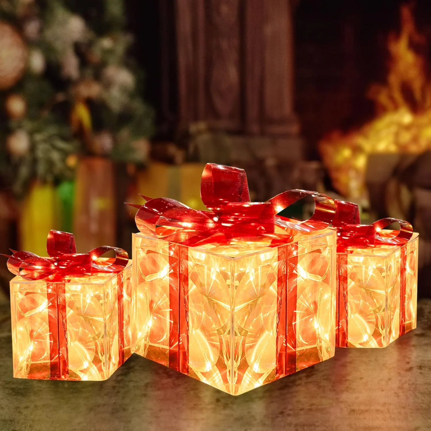 Hourleey Set of 3 Christmas Lighted Gift Boxes, Pre-lit 60 LED Light Up Present Boxes Ornament Decorations with Ribbons for Indoor Outdoor Xmas Tree Home Yard Lawn Decor, Warm White - Image 6
