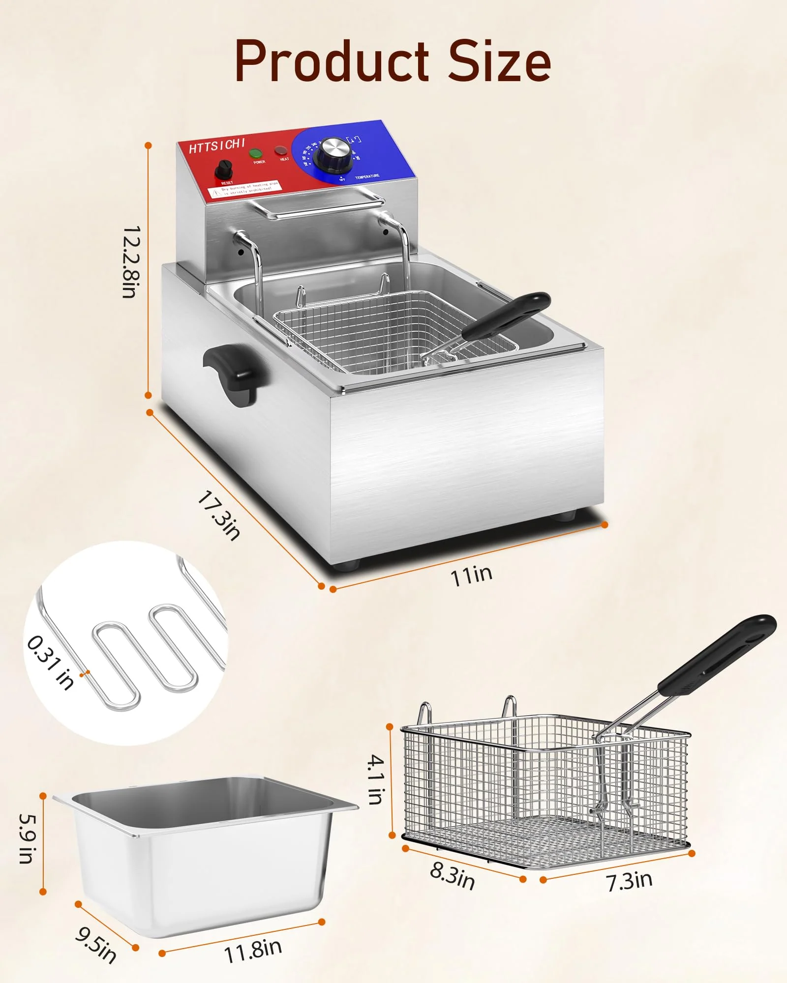 HTTSICHI Commercial Deep Fryer - 12 L Electric Deep Fryer with 6 L Basket, Commercial Deep Fryer with Basket, Stainless Steel Countertop Deep Fryer w/Adjustable Temperature and Restaurant Use - Image 4
