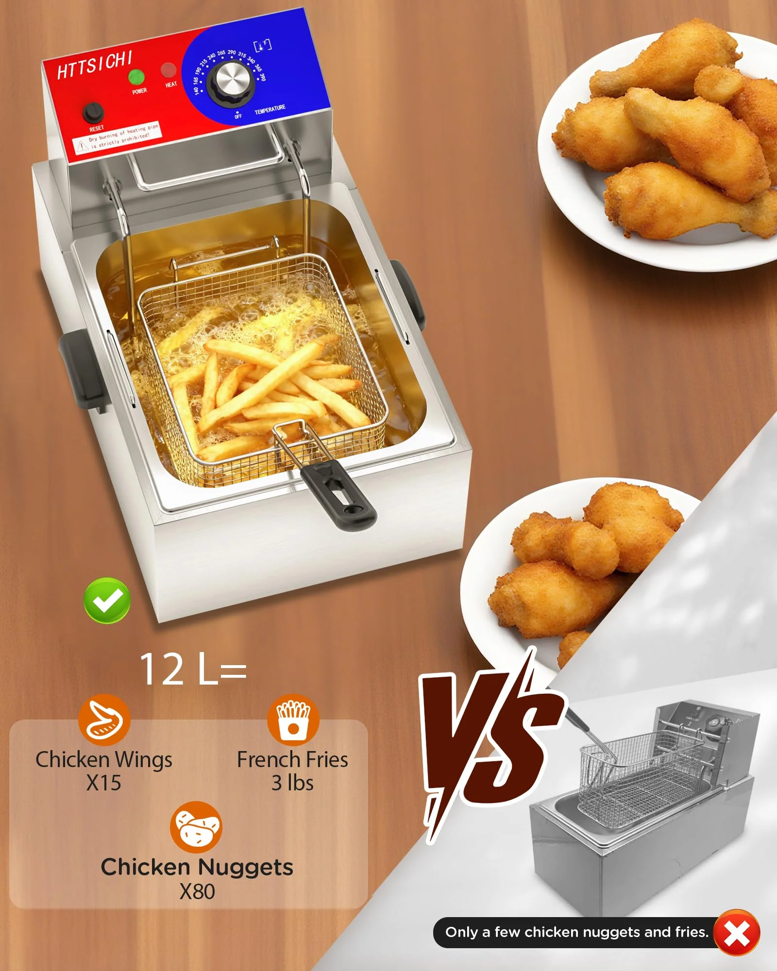 HTTSICHI Commercial Deep Fryer - 12 L Electric Deep Fryer with 6 L Basket, Commercial Deep Fryer with Basket, Stainless Steel Countertop Deep Fryer w/Adjustable Temperature and Restaurant Use - Image 5
