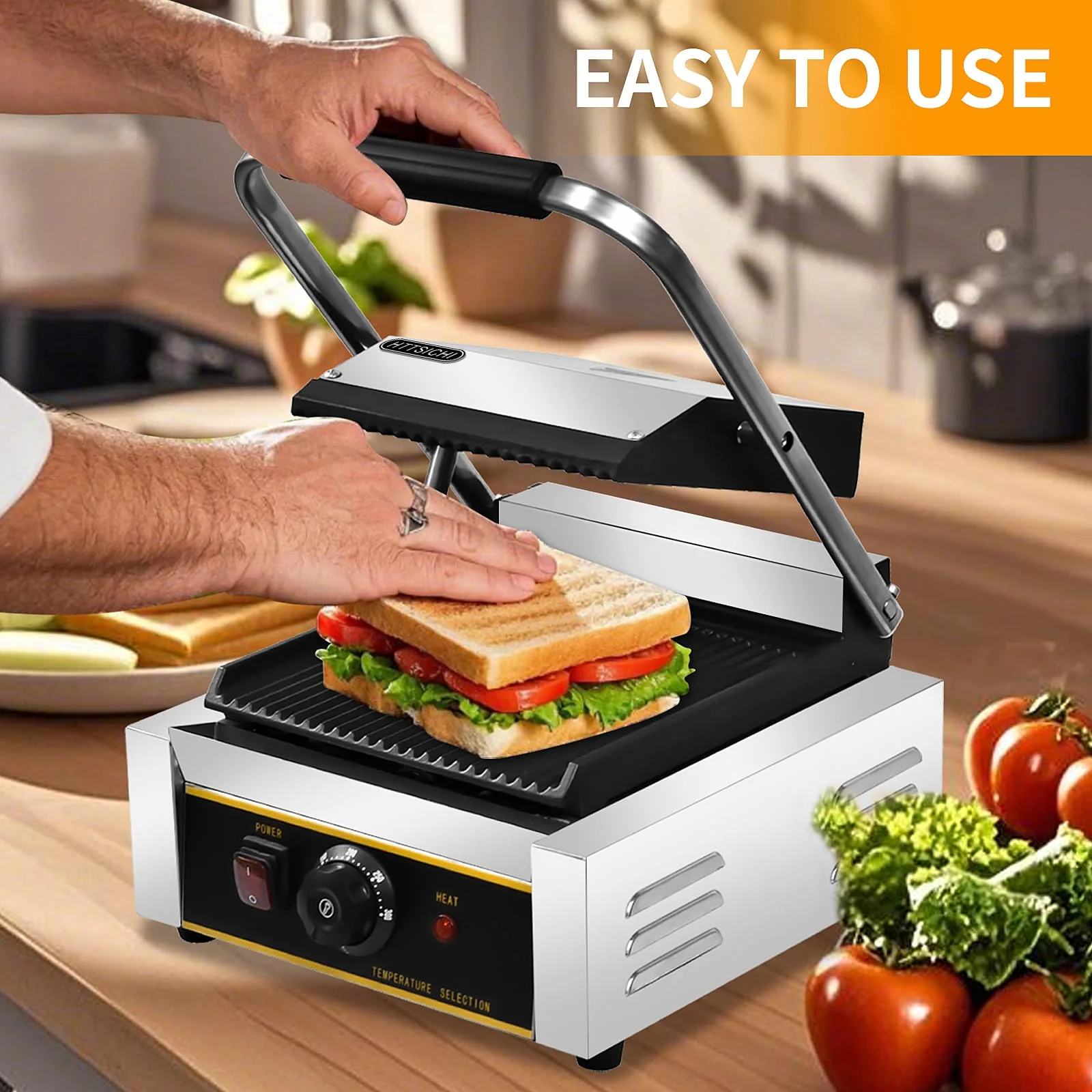 HTTSICHI Commercial Panini Press - 1800W Commercial Electric Panini Sandwich Grill w/Nonstick Coating & Adjustable Temp, Panini Grill Press w/ 9" x 9" Cooking Pan, Double-sided Heating - Image 3
