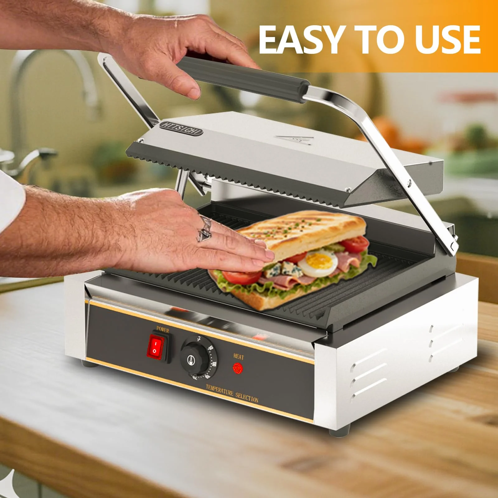 HTTSICHI Commercial Panini Press - 2200W Commercial Electric Panini Sandwich Grill w/Nonstick Coating & Adjustable Temp, Panini Grill Press w/ 9"x9" Cooking Pan, Double-sided Heating - Image 3