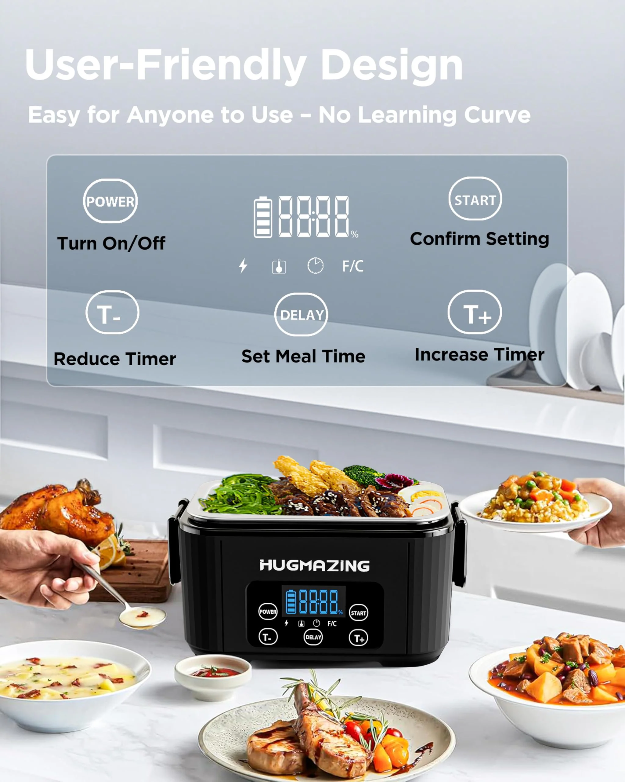 Hugmazing Cordless Electric Lunch Box – Rechargeable Self-Heating Food Warmer with 1100ML SS Container, Battery-Powered Heated Lunch Box, Perfect for Travel, Office Meals for Adults, Men & Women - Image 8