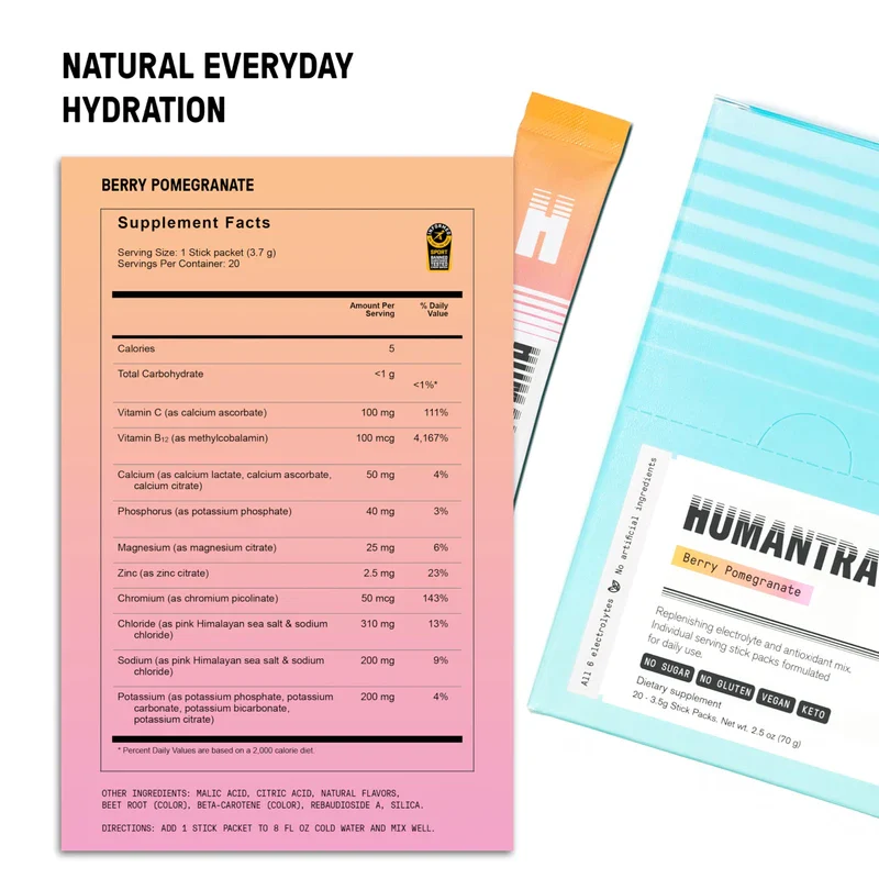 Humantra Hydration Packets | Zero Calorie, Zero Sugar Electrolyte Hydration Multiplier w/Essential Minerals, Boost Immune & Metabolic Functions | Electrolytes Powder (20 Count, Berry Pomegranate) - Image 3