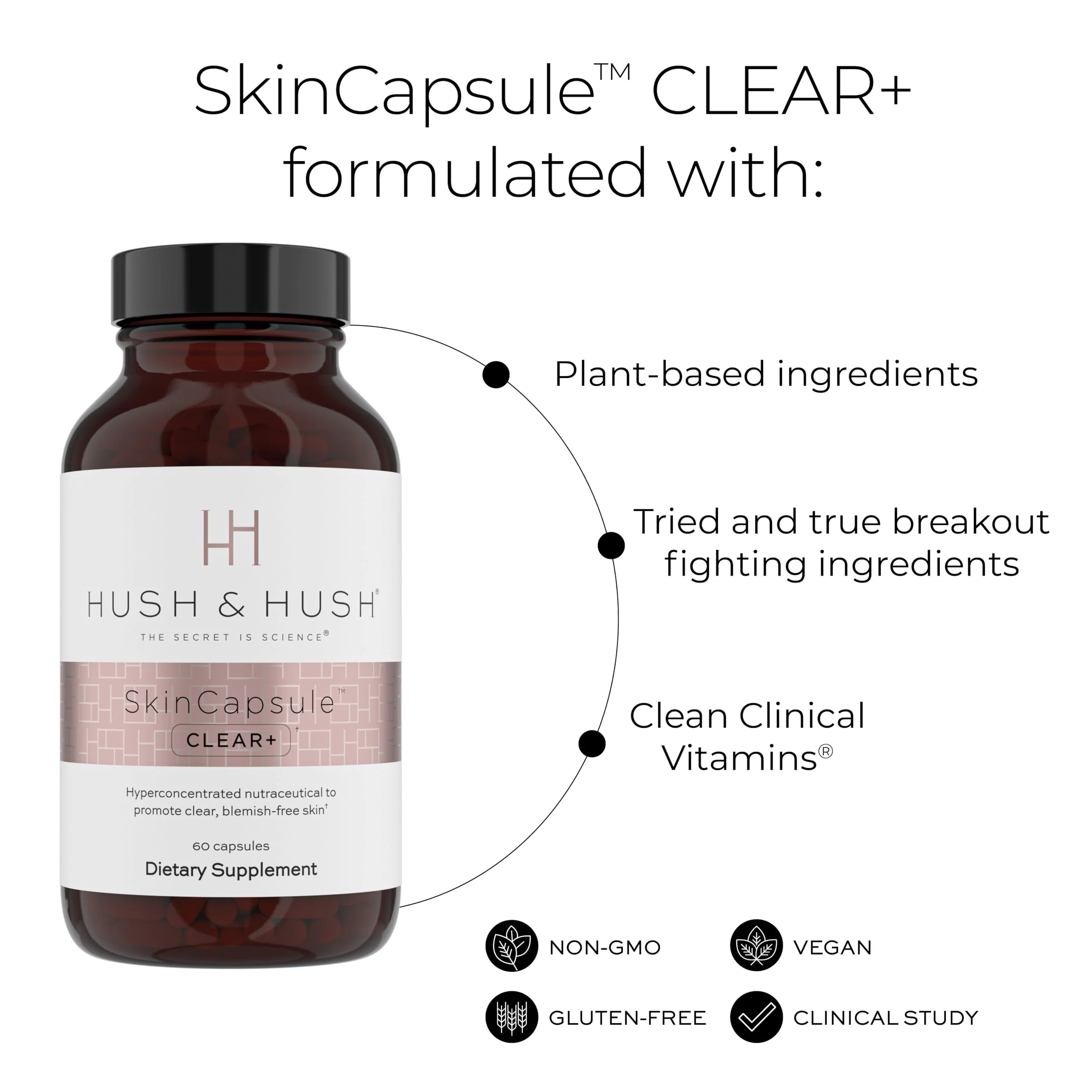 Hush & Hush SkinCapsule™ Clear+, Skin Care Supplement, Vegan, Acne Treatment for face, Clean Nutraceuticals Supplements That Contains Vitamin A, Turmeric, Dandelion Root, Zinc - 60 Capsules - Image 6