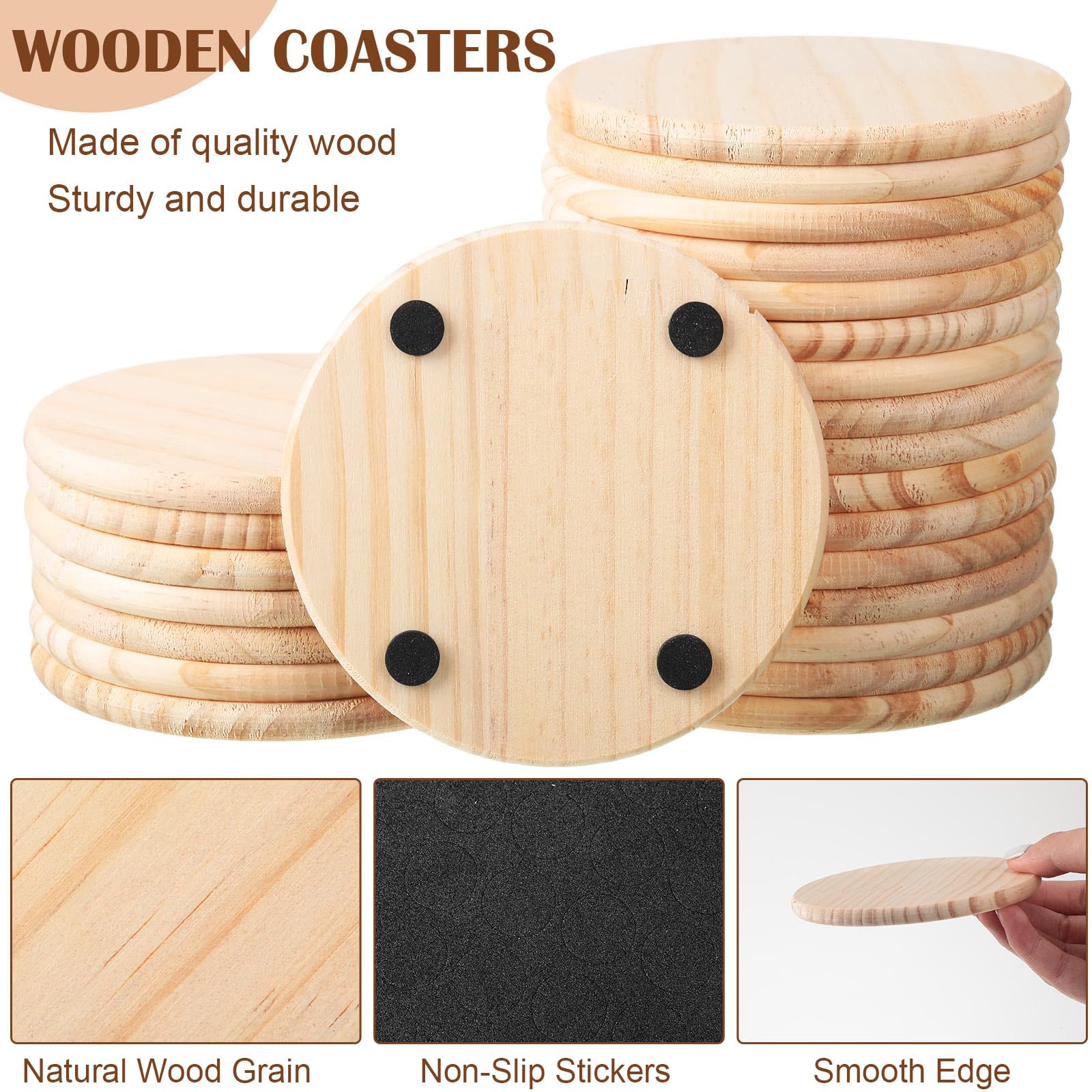 Hushee 96 Pcs Unfinished Wood Coasters 4 Inch Blank Wooden Coasters for Crafts with Non Slip Foam Pad Stickers Wooden Craft Tabletop Protection for Christmas DIY Painting Engraving Home Decoration - Image 6