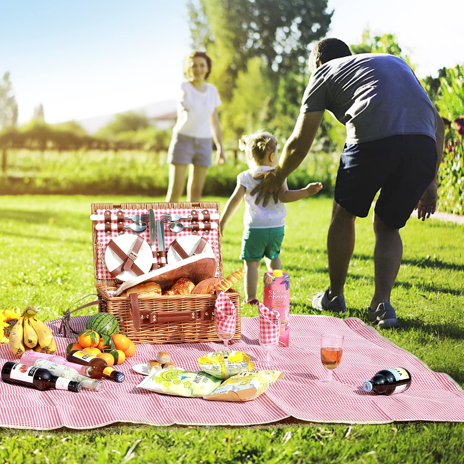 HYBDAMAI Picnic Basket for 4 Persons with Waterproof Picnic Blanket and Insulated Cooler, Large Wicker Picnic Basket for Camping, Outdoors, Valentine's Day, Christmas, Birthday, Wedding Gift - Image 2