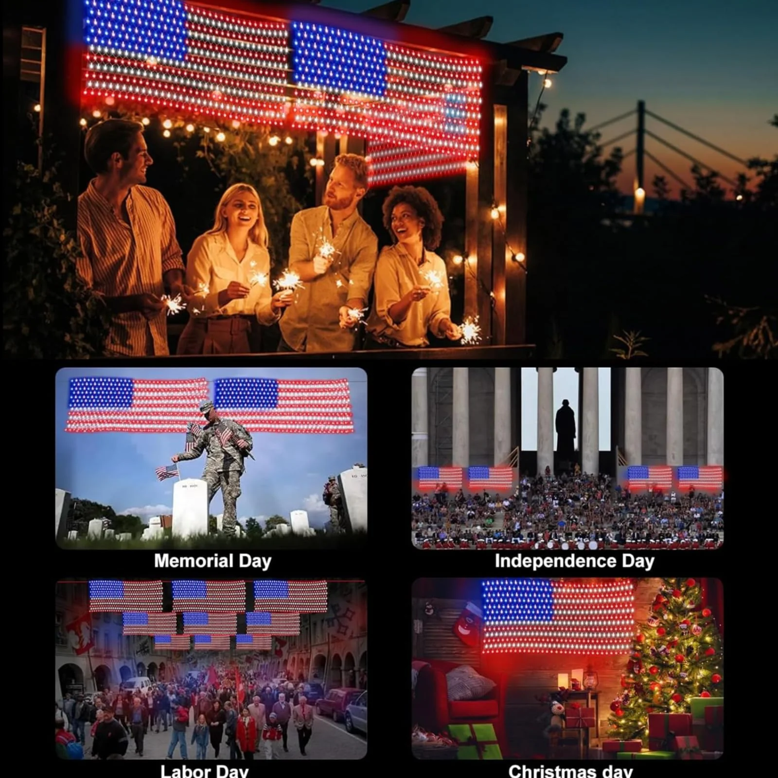 HYH American Flag Lights with 420 Super Bright LEDs,Waterproof Led Flag Net Light of The United States for Yard,Garden Decoration, Festival, Holiday, Party Decoration,Christmas Decorations - Image 3