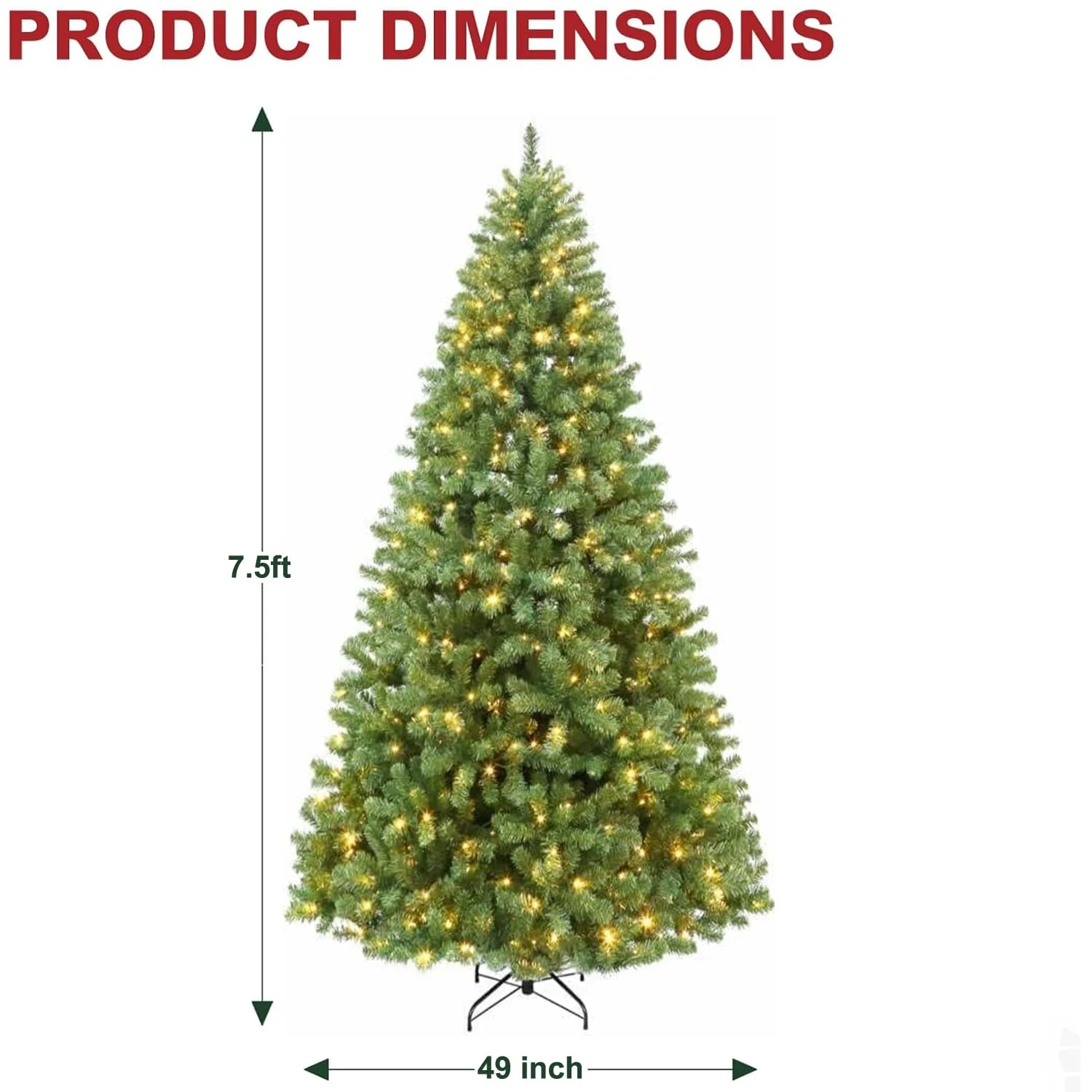Hykolity 7.5 ft Prelit Christmas Tree, Artificial Christmas Tree with 450 Warm White Lights, 1450 Branch Tips, Metal Stand and Hinged Branches - Image 3