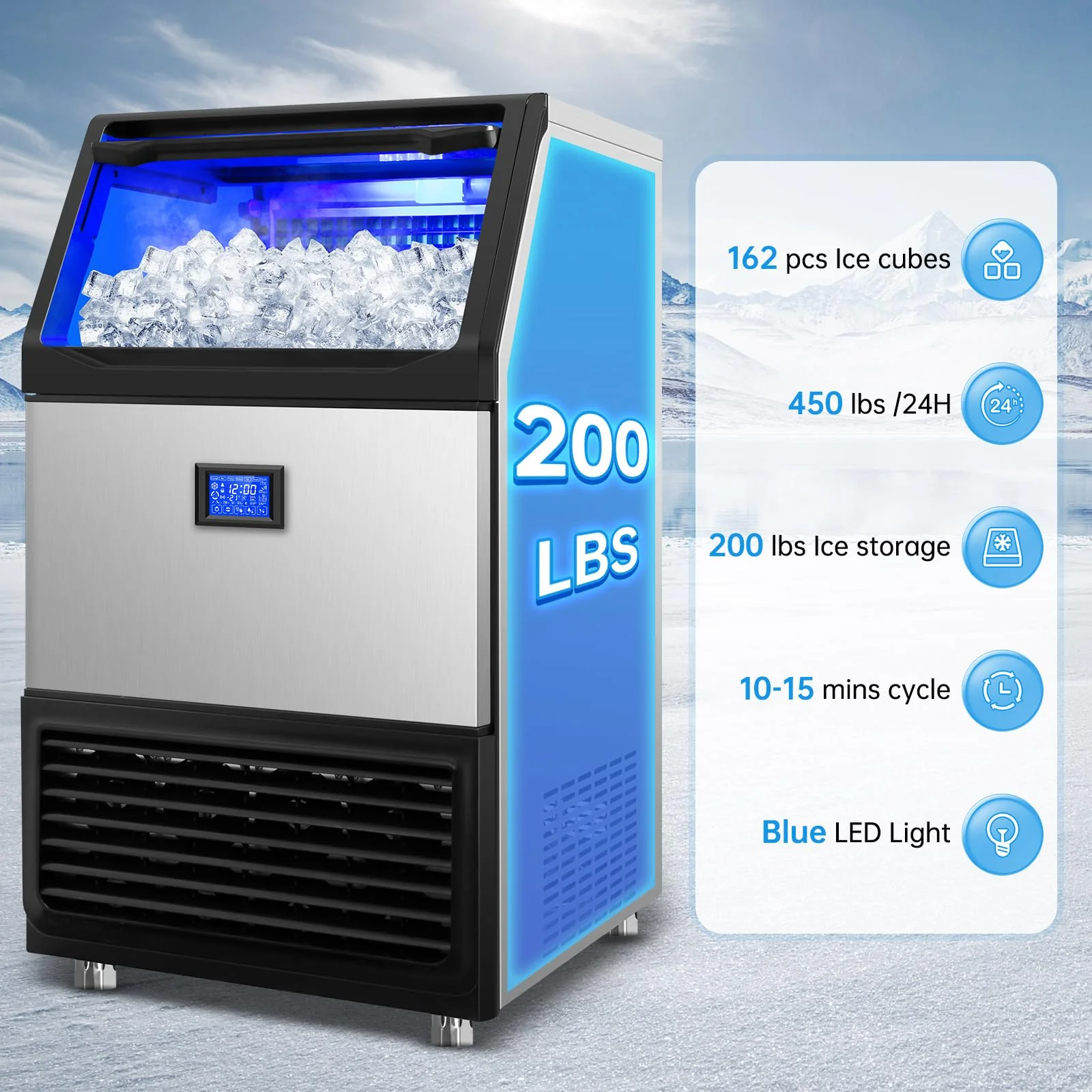 Ice Machine Commercial Ice Maker Machine, 450 Lbs /24H, 200 lbs Bin, Under Counter Built-in or Freestanding, Stainless Steel Household Use, Restaurant Bar Kitchen Cafe - Image 8