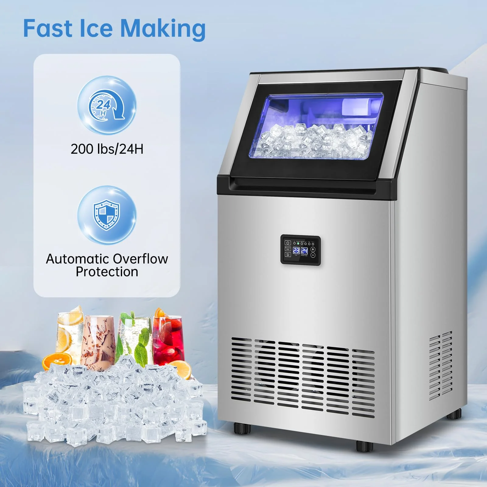 Ice Maker Commercial Ice Machine 200 lbs /24H, 33 lbs Large Storage Capacity Bin, Under Counter or Freestanding Ice Cube Makers Stainless Steel for Restaurant Bar Cafe - Image 5