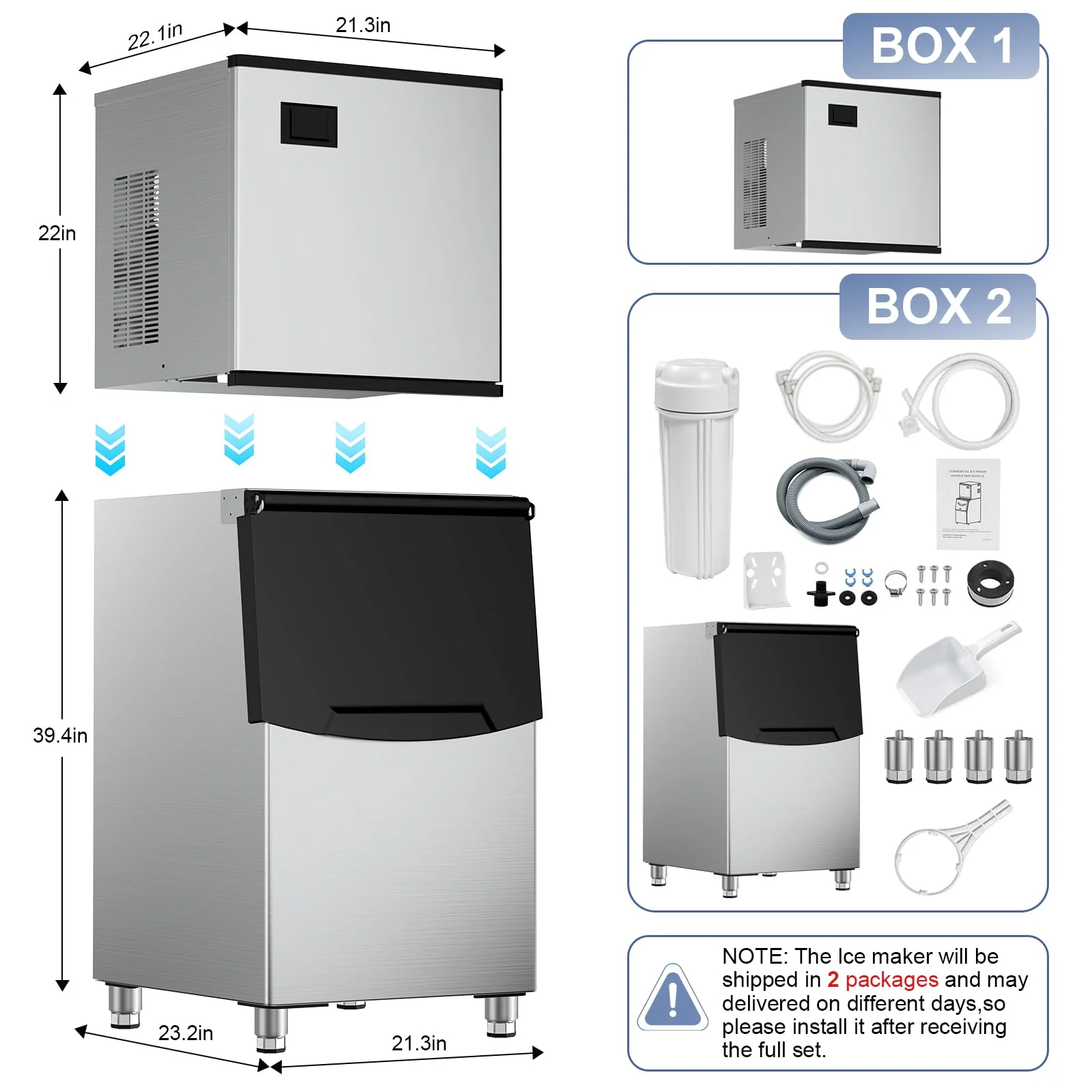 Ice Maker Commercial Ice Machine Large Capacity Stainless Steel 450 Lbs/24H Industrial Ice Machine, 350 Lbs Storage Commercial Ice Machines Free Standing, Cubes Ice Makers Commercial - Image 4