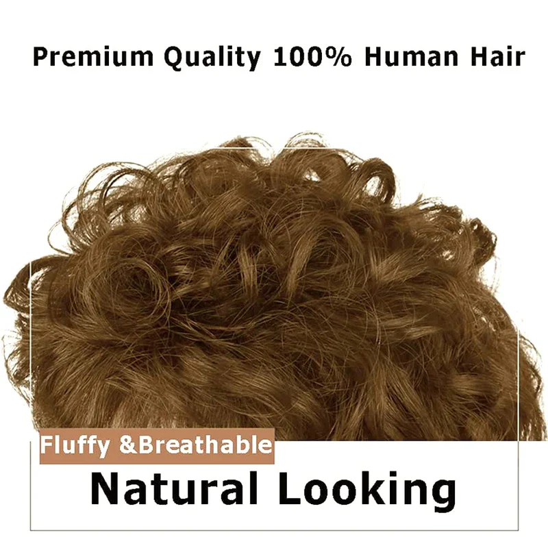 ICRAB Short Curly Real Human Hair Topper with Front Bangs for Women,Breathable Wiglets Hairpieces 5.1x5.1 Large Coverage Women Toupee Clip in Top Wavy Hair Pieces Topper(7",Light Brown) - Image 4