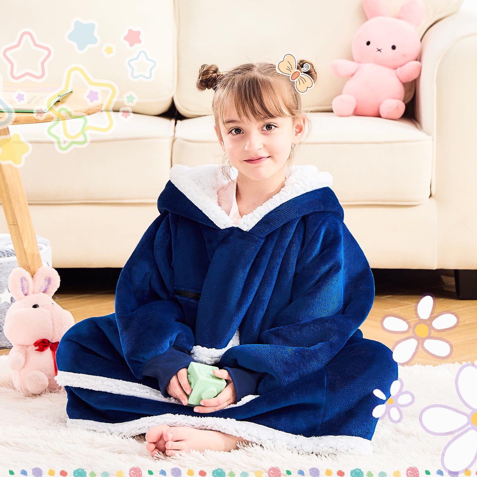 IFNOW Wearable Blanket Hoodie For Kids, Blanket Hoodie For Kids With Hood And Pockets, Girls Oversized Hoodie Blankets As Gift For Teens Girls Boys Birthday Christmas (Navyblue) - Image 2