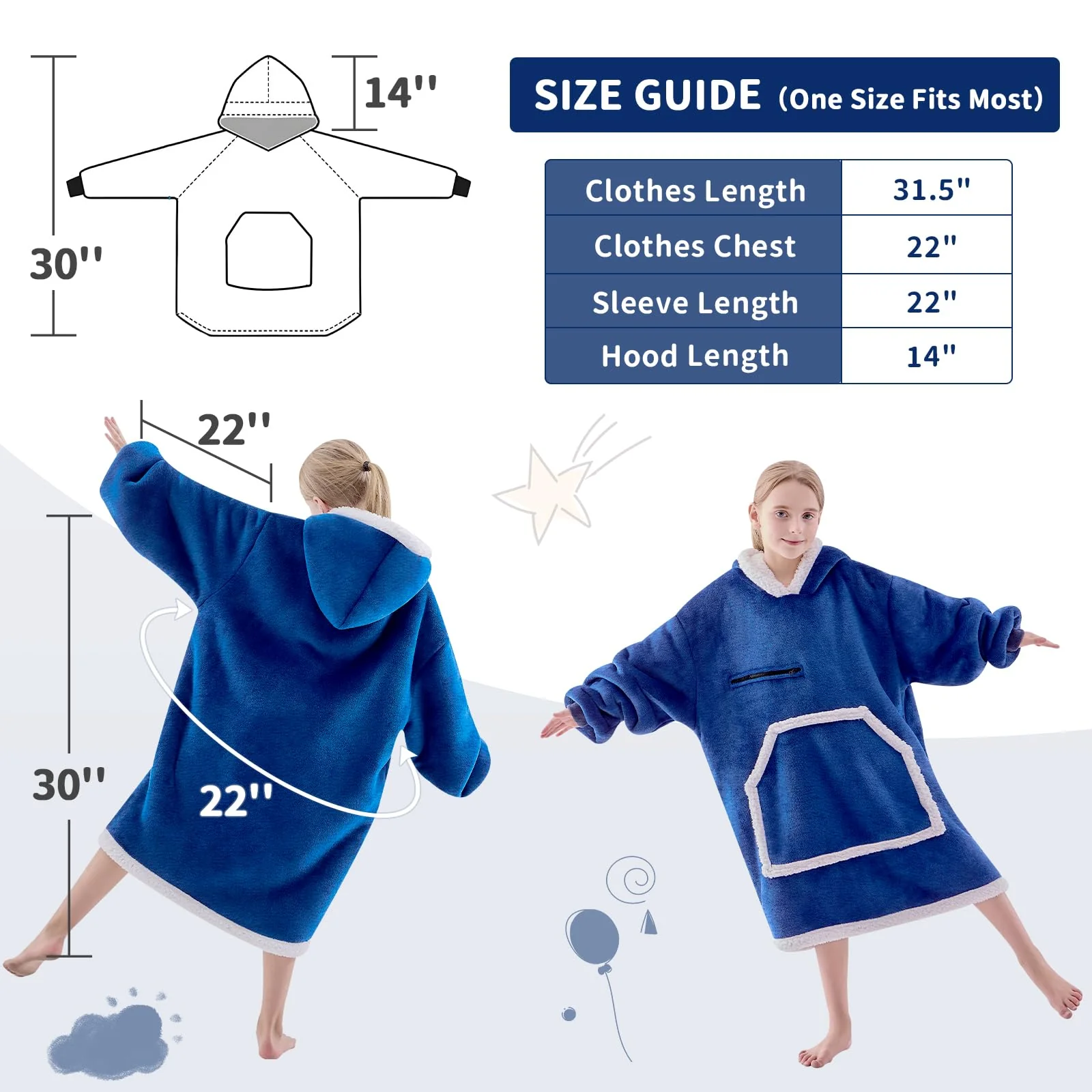IFNOW Wearable Blanket Hoodie For Kids, Blanket Hoodie For Kids With Hood And Pockets, Girls Oversized Hoodie Blankets As Gift For Teens Girls Boys Birthday Christmas (Navyblue) - Image 4