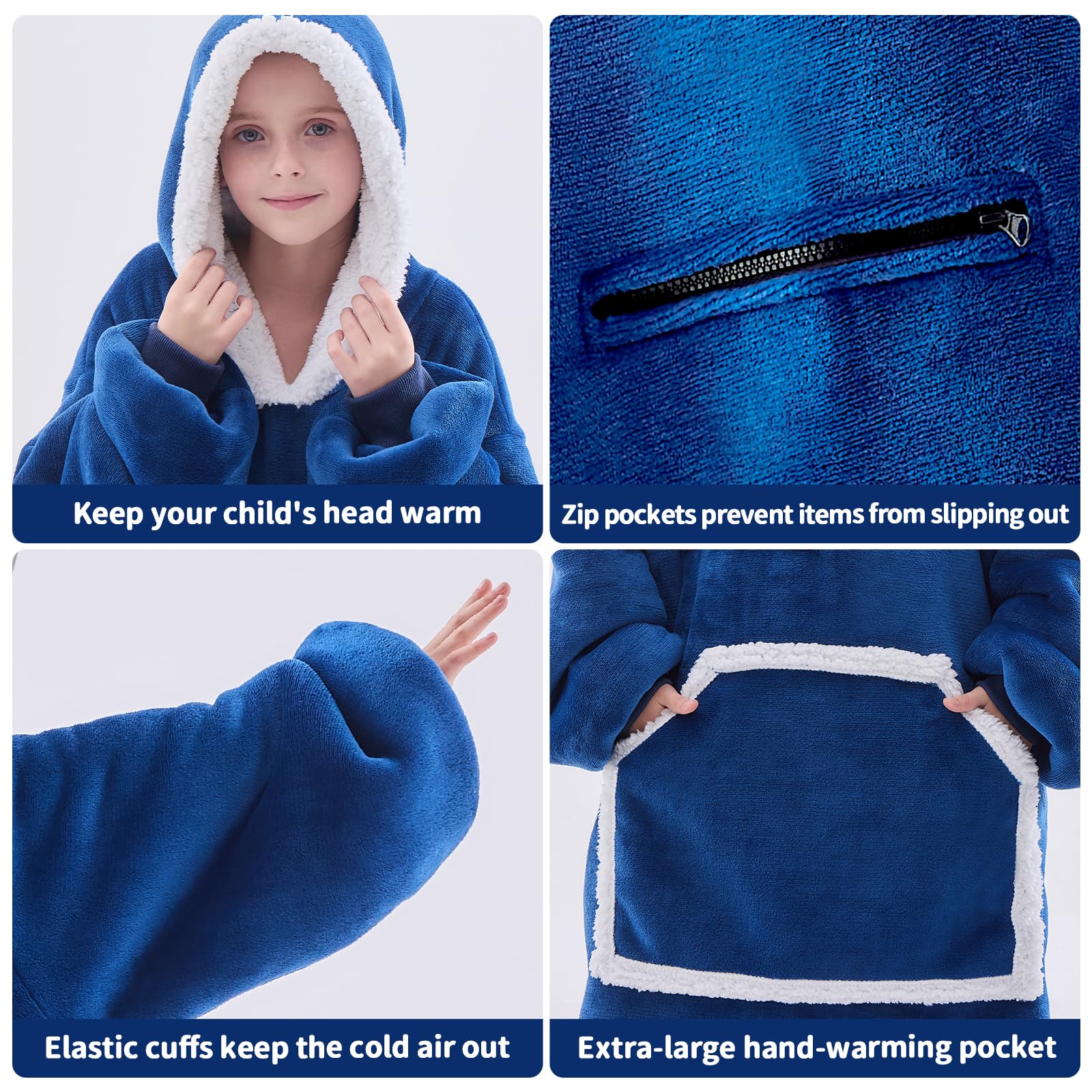IFNOW Wearable Blanket Hoodie For Kids, Blanket Hoodie For Kids With Hood And Pockets, Girls Oversized Hoodie Blankets As Gift For Teens Girls Boys Birthday Christmas (Navyblue) - Image 8