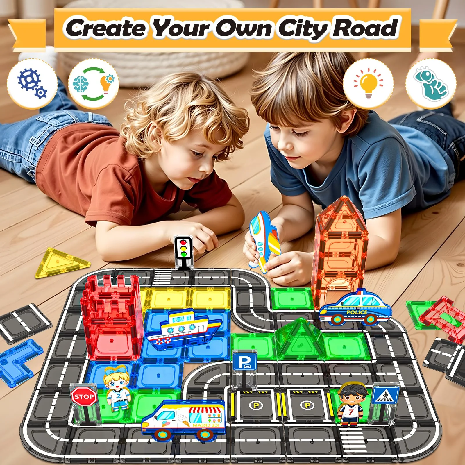 IGIVI 104 PCS Magnetic Tiles Road Set, STEM Construction Toys for Kids Ages 3-5 5-7 4-8, Magnet Building Blocks for Toddler Toys Games, Christmas Birthday Gifts for 3+ Year Old Boys Girls - Image 2