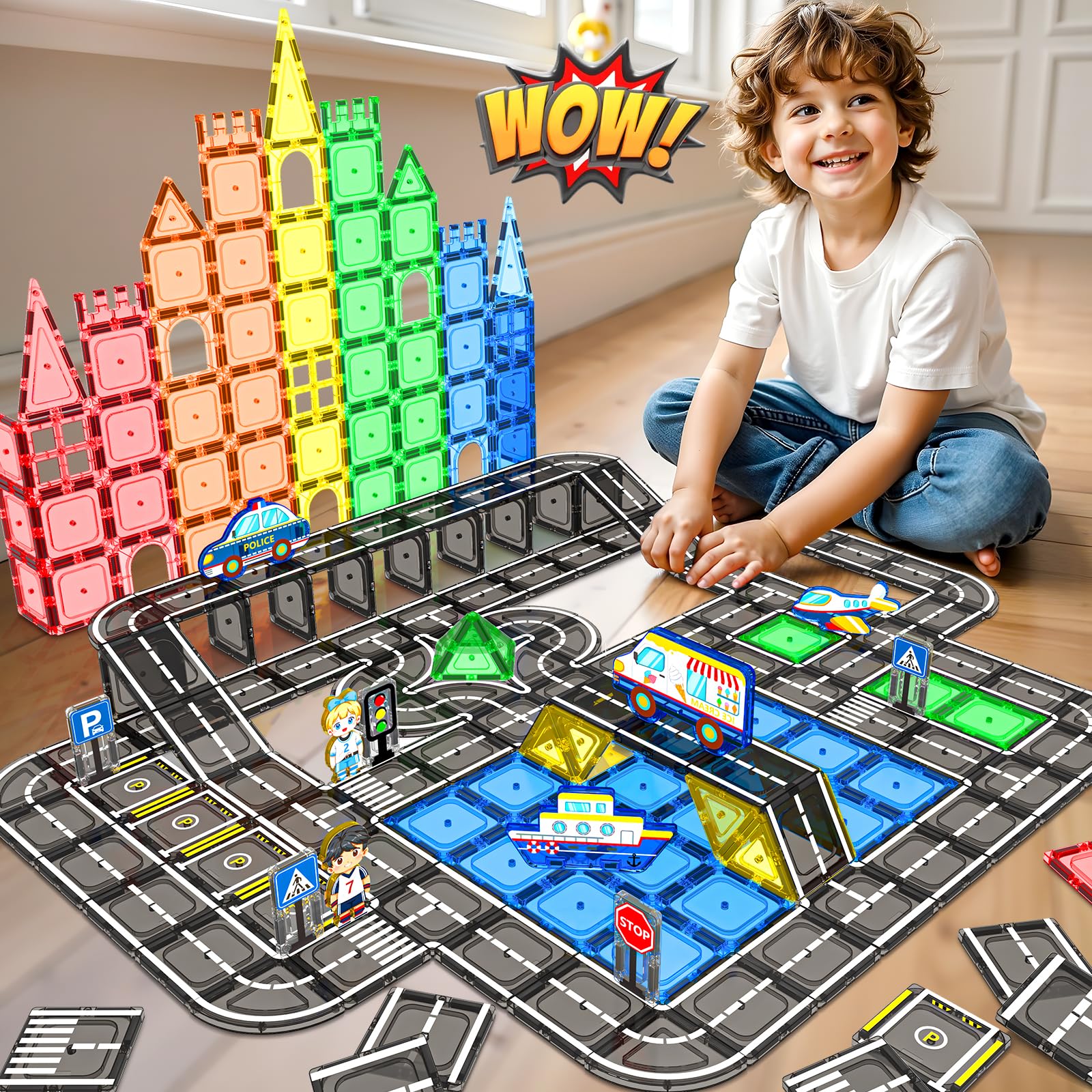 IGIVI 104 PCS Magnetic Tiles Road Set, STEM Construction Toys for Kids Ages 3-5 5-7 4-8, Magnet Building Blocks for Toddler Toys Games, Christmas Birthday Gifts for 3+ Year Old Boys Girls - Image 3