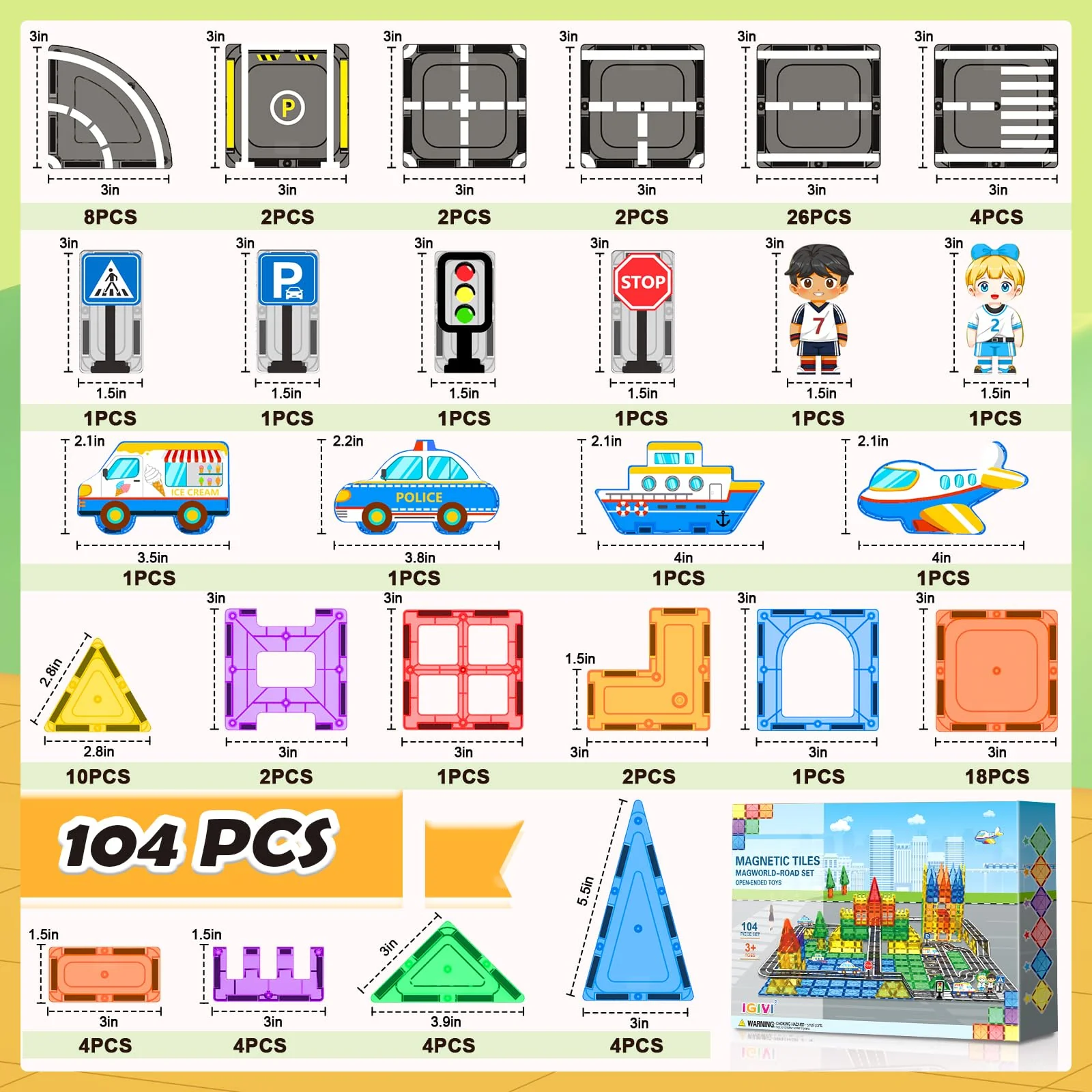 IGIVI 104 PCS Magnetic Tiles Road Set, STEM Construction Toys for Kids Ages 3-5 5-7 4-8, Magnet Building Blocks for Toddler Toys Games, Christmas Birthday Gifts for 3+ Year Old Boys Girls - Image 5