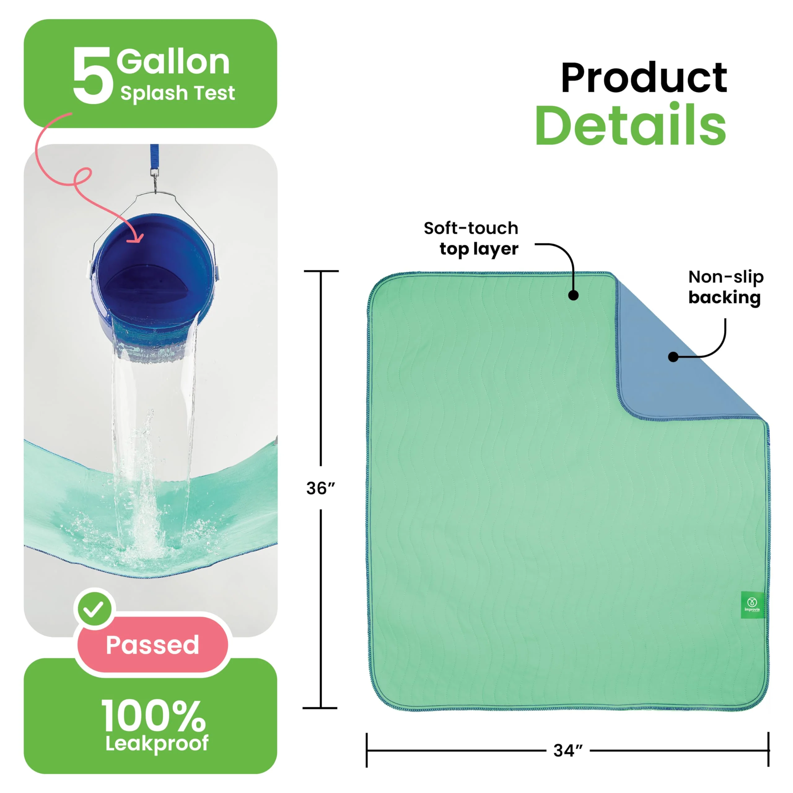 IMPROVIA® Washable Underpads, 34" x 36" (Pack of 6) - Heavy Absorbency Reusable Incontinence Pads for Kids, Adults, Elderly, and Pets - Waterproof Protective Pad for Bed, Couch, Sofa, Furniture, Floor - Image 6