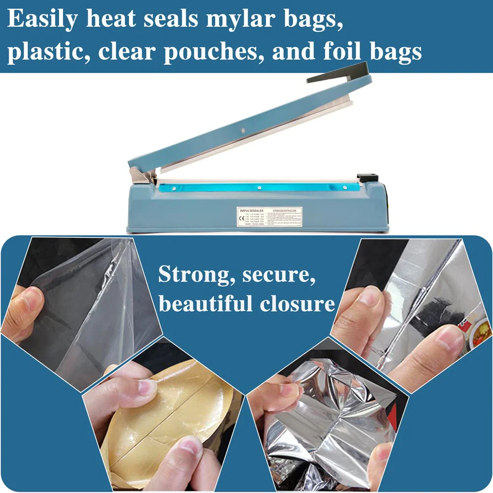 Impulse Heat Sealer 12 Inch 5mm Mylar Bag Sealer Heat Seal Machine, 110v Manual Heat Sealer for Plastic/Poly/Cookie Bags, 8 Replacement Parts & Teflon Cloth Strip(2 Round Cutter Lines Included) - Image 6