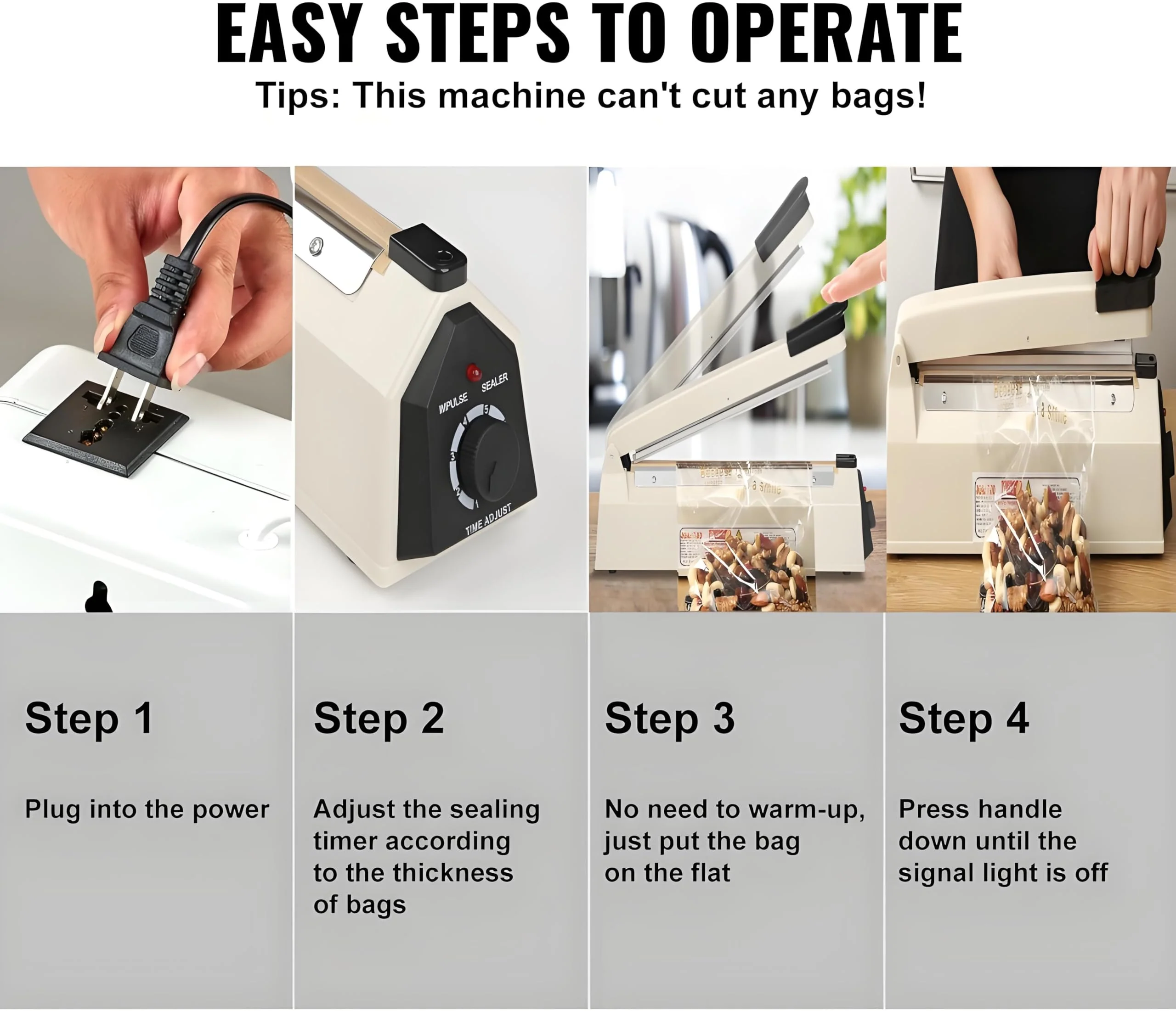 Impulse Sealer 12 inch Manual Heat Sealer Machine with Adjustable Heating Mode, ABS Shrink Wrap Bag Sealers for Plastic PE PP Bags, Portable Poly Bag Sealing Machine with Extra Replace Kit(Ivory) - Image 5