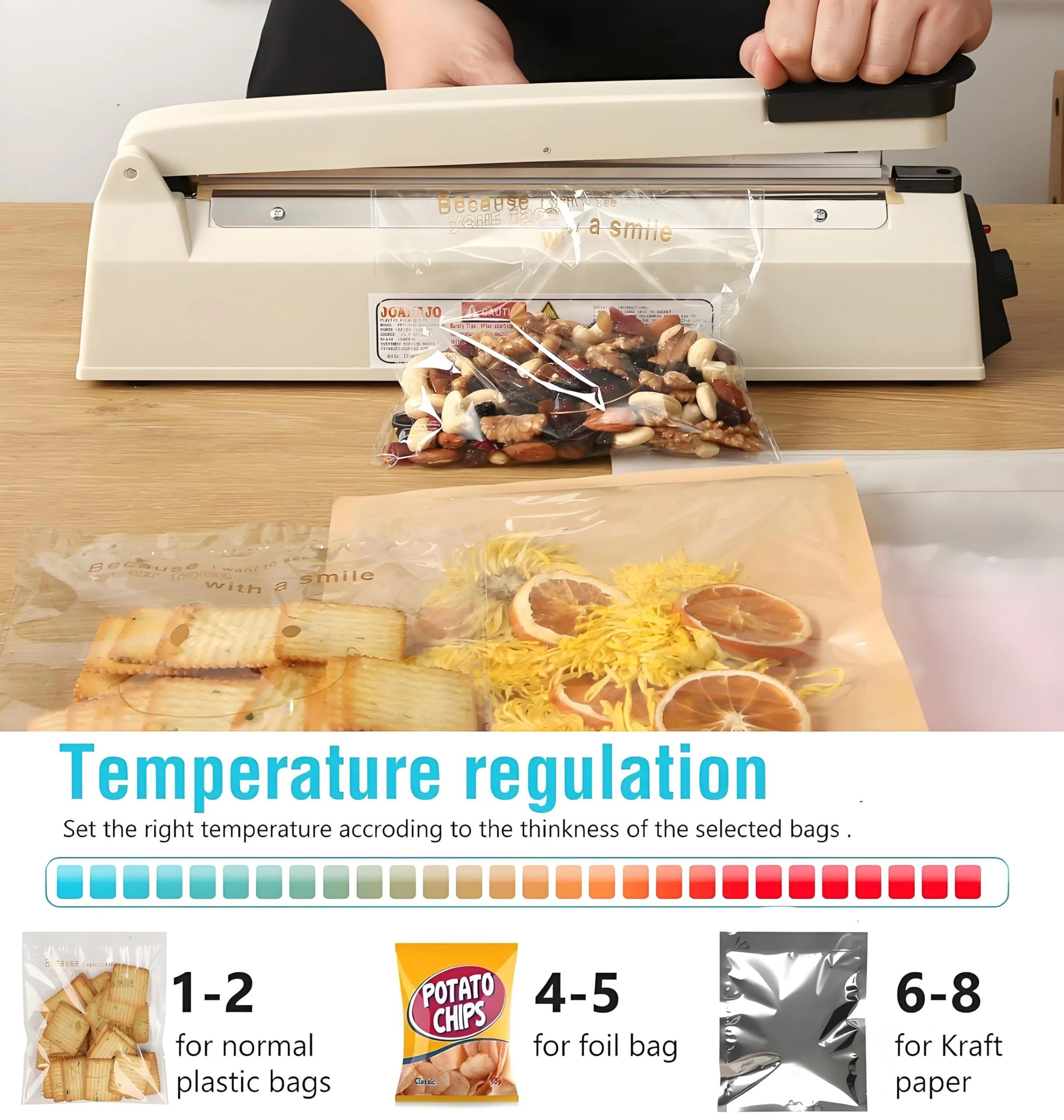 Impulse Sealer 12 inch Manual Heat Sealer Machine with Adjustable Heating Mode, ABS Shrink Wrap Bag Sealers for Plastic PE PP Bags, Portable Poly Bag Sealing Machine with Extra Replace Kit(Ivory) - Image 7