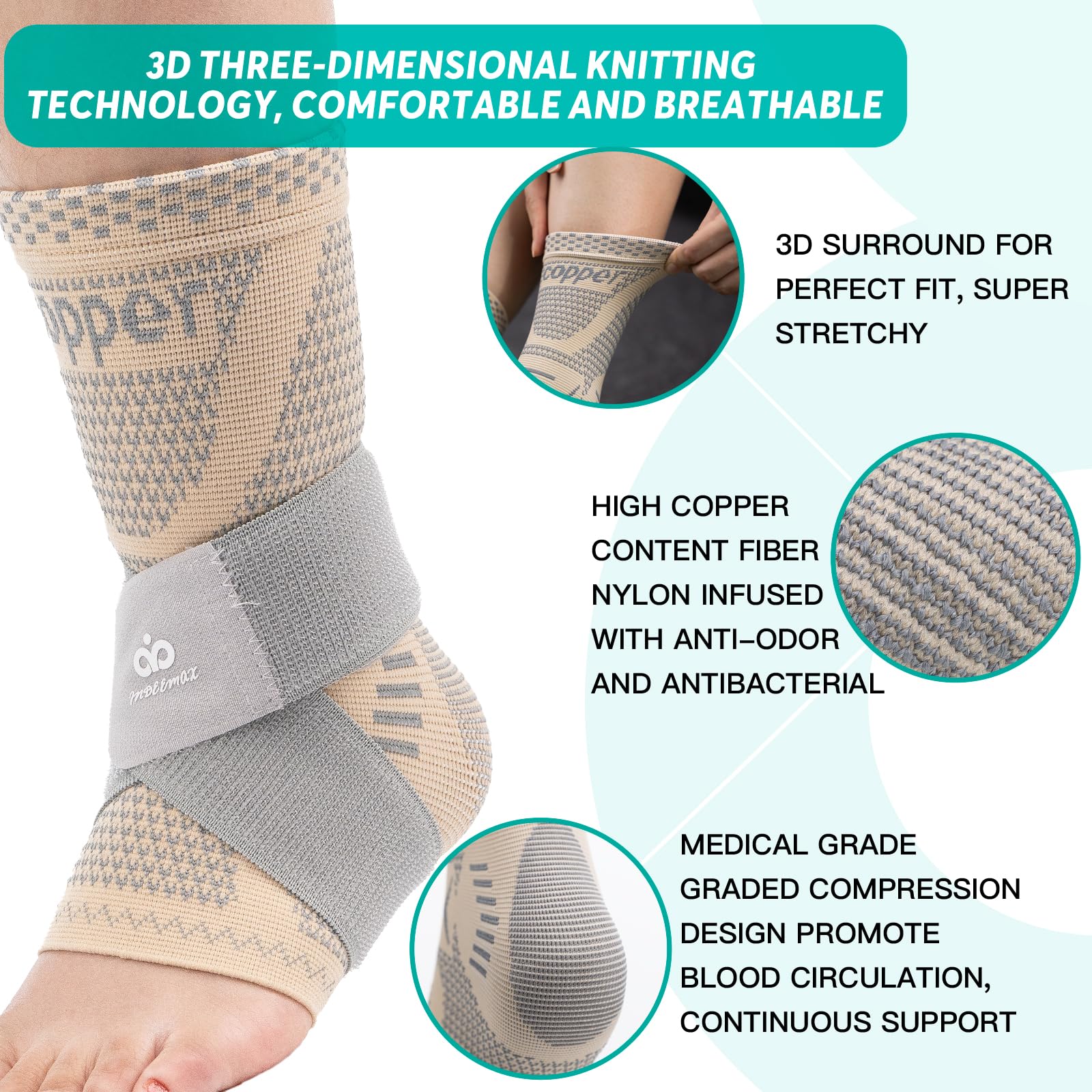 INDEEMAX Ankle Brace for Sprained Ankle Compression Sleeve, 2 Pack Copper Infused Ankle Support Brace for Women & Men, Plantar Fasciitis Relief Achilles Tendonitis, Sports Running, Skin Silver, L - Image 8