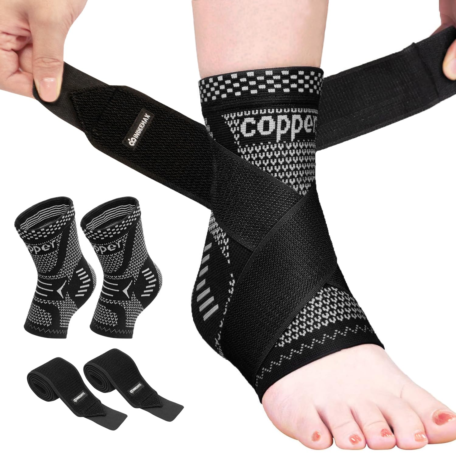 INDEEMAX Ankle Brace for Sprained Ankle Compression Sleeve, Copper Infused Ankle Support Brace for Women & Men, Plantar Fasciitis Relief Achilles Tendonitis, Sports Running, Silver Black, L
