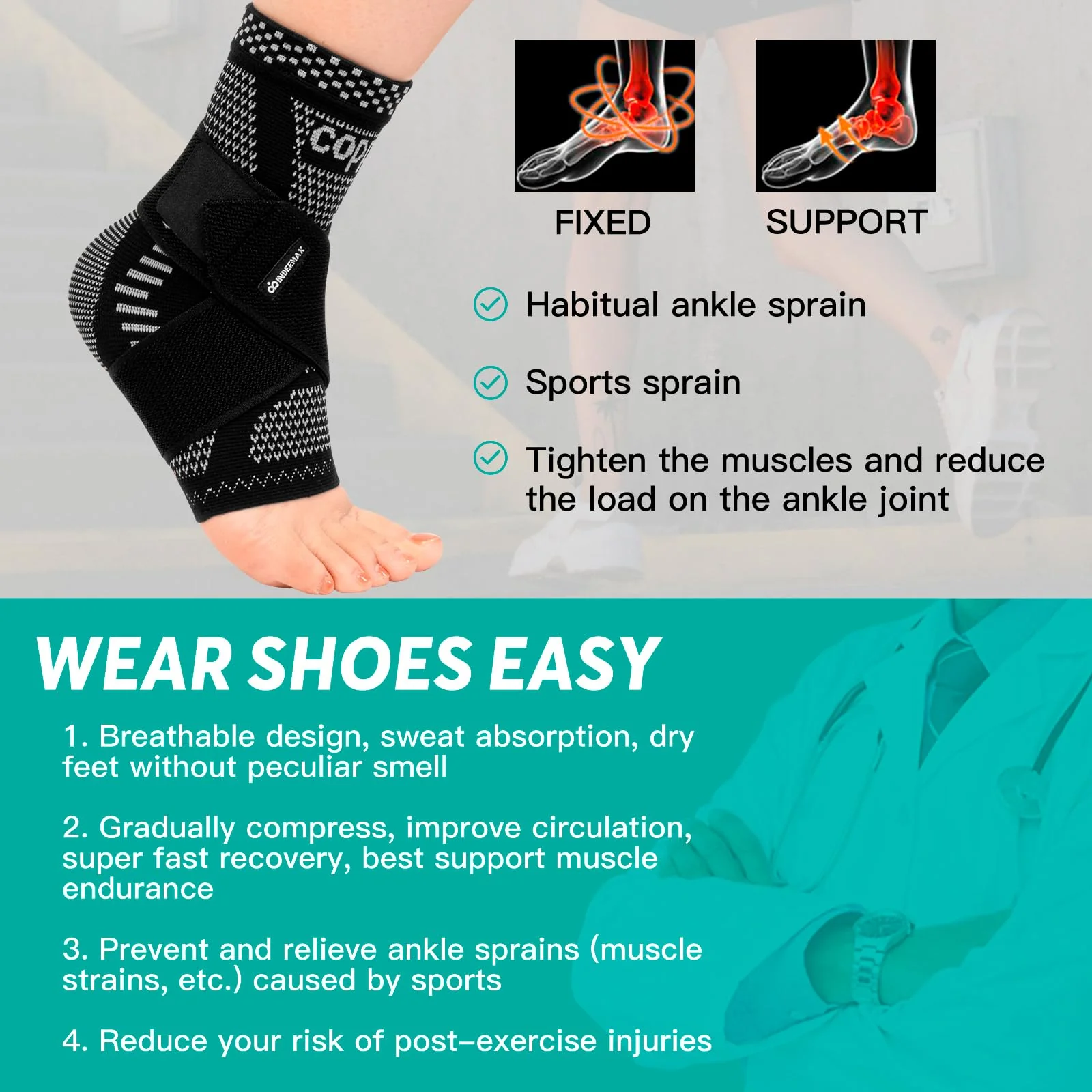INDEEMAX Ankle Brace for Sprained Ankle Compression Sleeve, Copper Infused Ankle Support Brace for Women & Men, Plantar Fasciitis Relief Achilles Tendonitis, Sports Running, Silver Black, S - Image 2