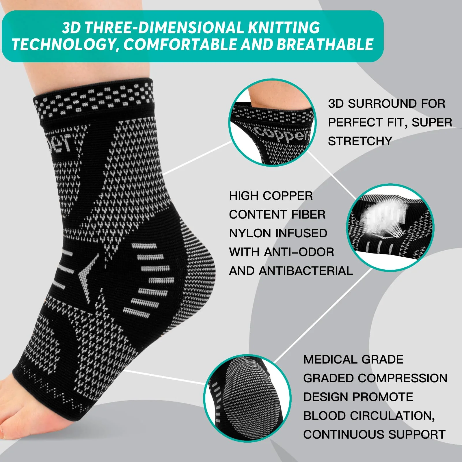 INDEEMAX Ankle Brace for Sprained Ankle Compression Sleeve, Copper Infused Ankle Support Brace for Women & Men, Plantar Fasciitis Relief Achilles Tendonitis, Sports Running, Silver Black, S - Image 7