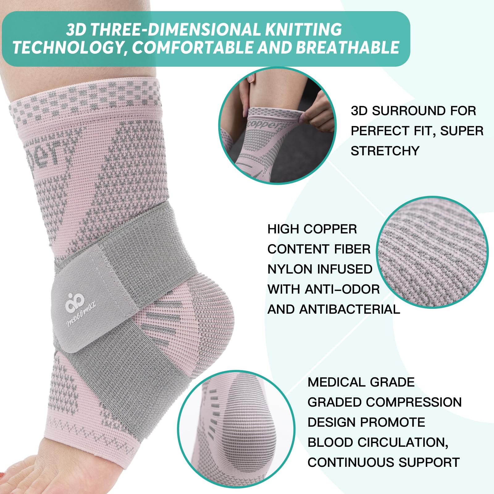 INDEEMAX Ankle Brace for Women & Men, Ankle Compression Sleeve Support Copper Infused Ankle Brace for Sprained Ankle, Plantar Fasciitis Sports, Achilles Tendonitis Pain Relief, Pink Silver, S - Image 6