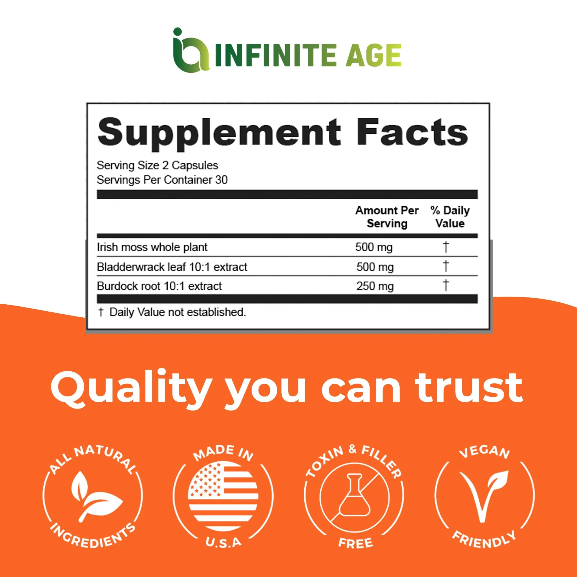 INFINITE AGE 2 Pack of 1250mg Sea Moss Advanced Superfood Capsules, 120 Count - High-Potency, Vegan, Made in The USA - Irish Seamoss, Bladderwrack, Burdock Root - Overall Health, Immunity Support - Image 4