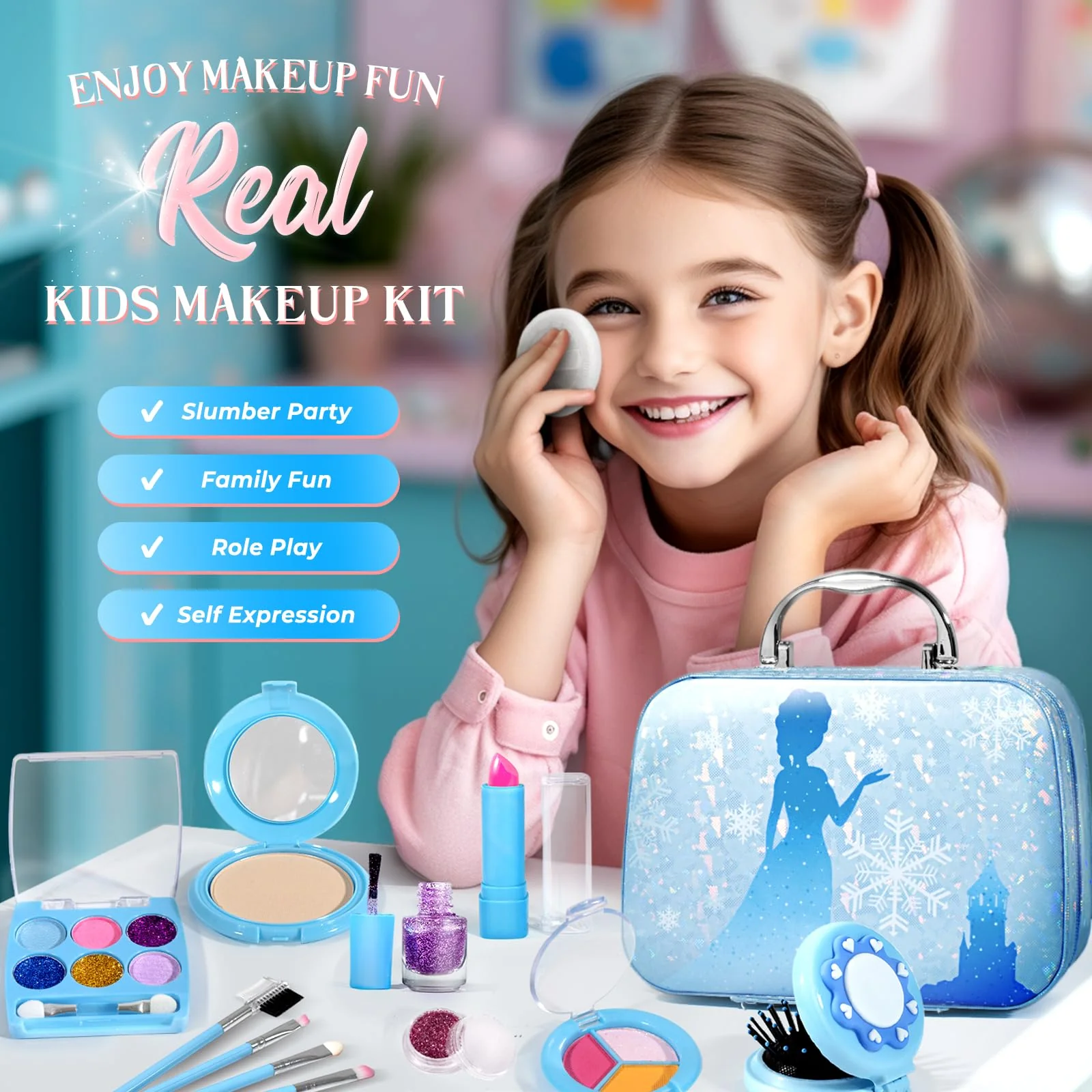 INNOCHEER Kids Makeup Kit for Girl Toys, Frozen Makeup Set for Girls, Real Washable Makeup Kit for Girls, Birthday Christmas Princess Gifts for Girls Kids Toddlers Age 3 4 5 6 7 8 9 10 11 12 Year Old - Image 3