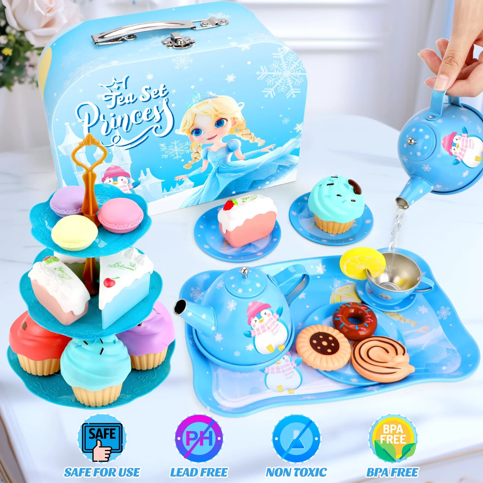 INNOCHEER Tea Party Set for Little Girls Toys, Toys for Kids, Tea Sets for Toddlers 3-5, Pretend Play Kitchen Toy, Birthday Christmas Princess Gifts Toys for 3 4 5 6 7 + Year Old Girls - Image 4