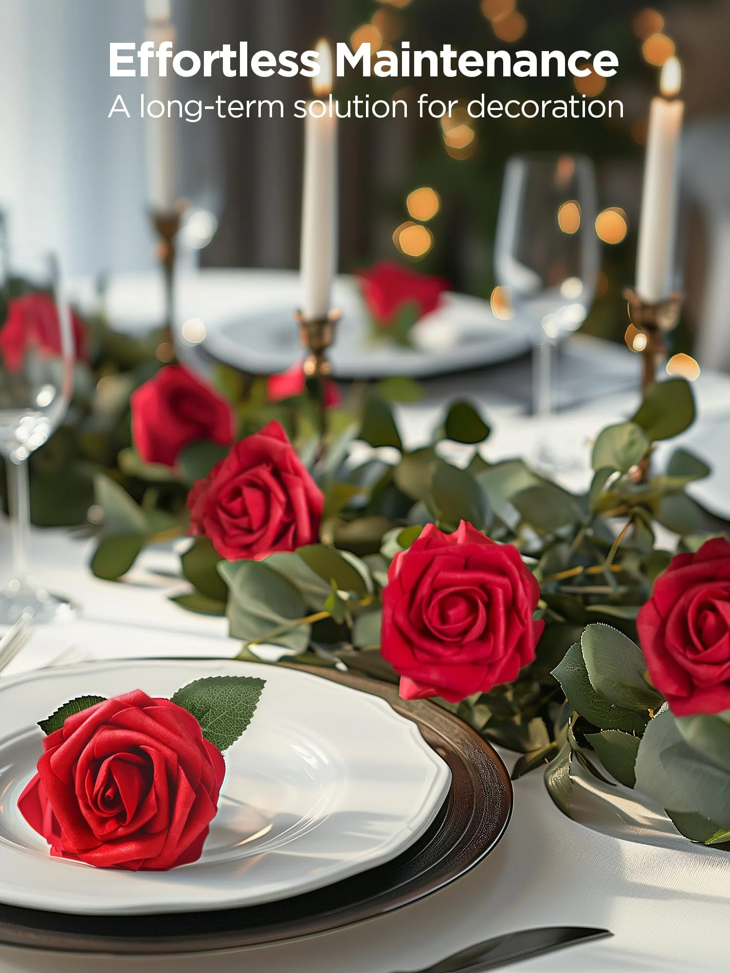 InnoGear Artificial Flowers, 50 Pcs Dark Red Foam Fake Roses Bulk with Stems for Decoration Celebration DIY Wedding Bouquets Centerpieces Bridal Shower Party Christmas Tree - Image 3