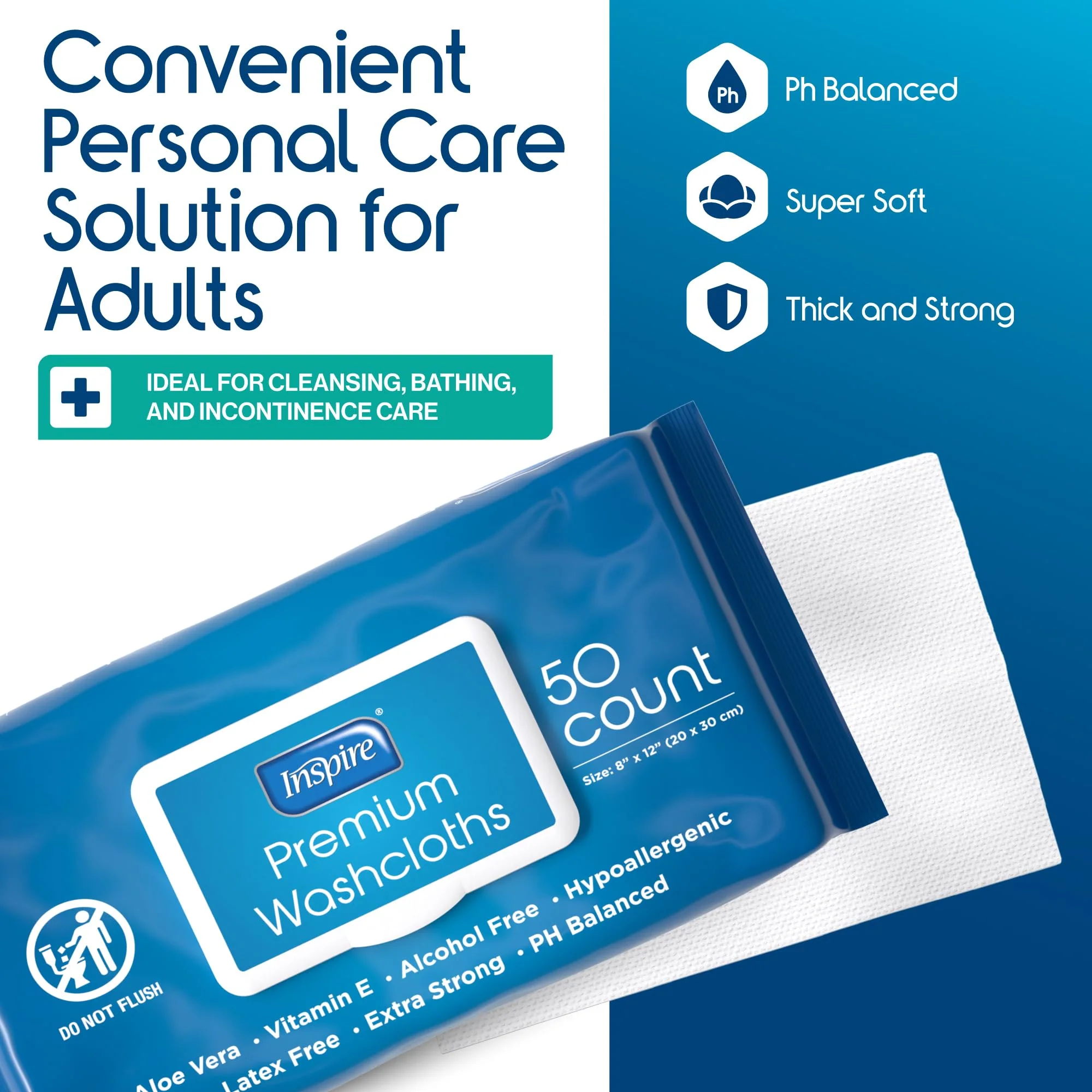 Inspire Adult Wet Wipes, Wash Cloths | Adult Wipes for Incontinence & Cleansing for Elderly, 8"x12" (200 count) - Image 6