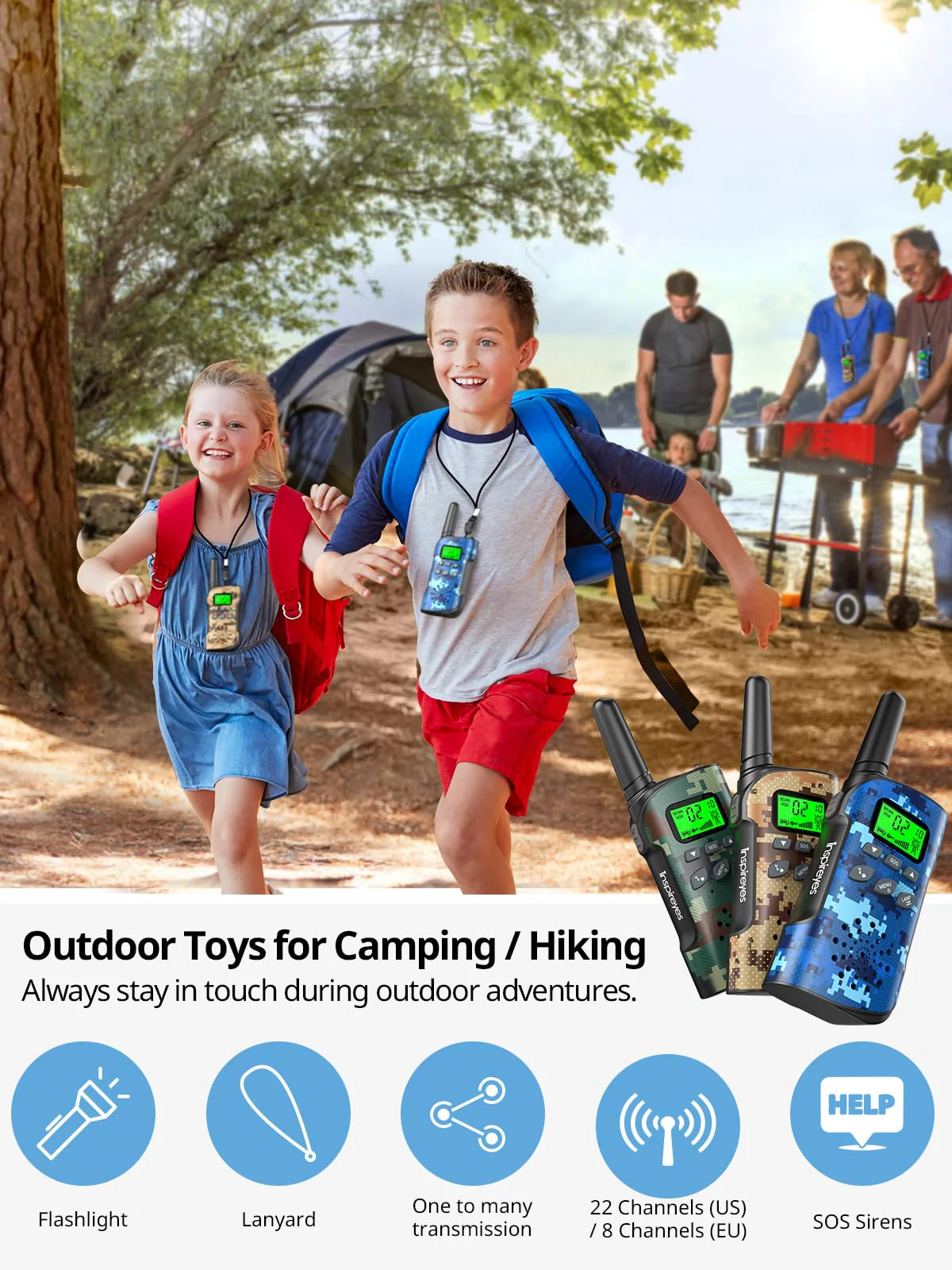 Inspireyes Walkie Talkies for Kids Rechargeable,Toys for Boys and Girls Ages 3-12, 4 Pack Long Range 2-Way Radios, Birthday Gifts,Christmas Stockings, Outdoor Play, Family Games, Hiking Camping Gear - Image 7