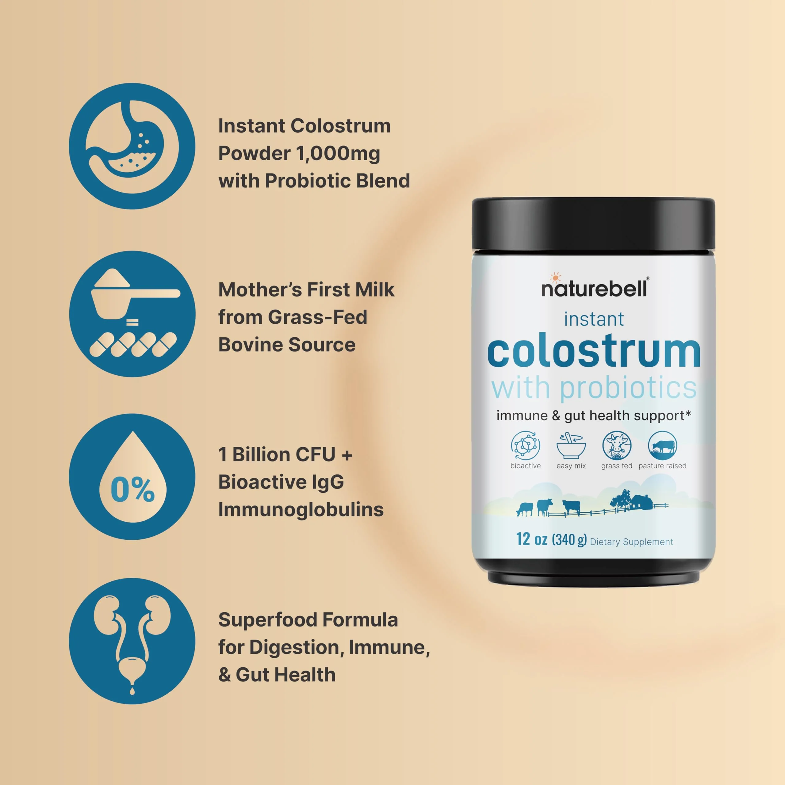 Instant Colostrum Powder 1,000mg with Probiotics, 12oz (340 Servings) | Grass Fed Bovine Source from Mother's First Milk – Bioactive IgG + 1 Billion CFU – Immune & Gut Health Supplement – Unflavored - Image 5