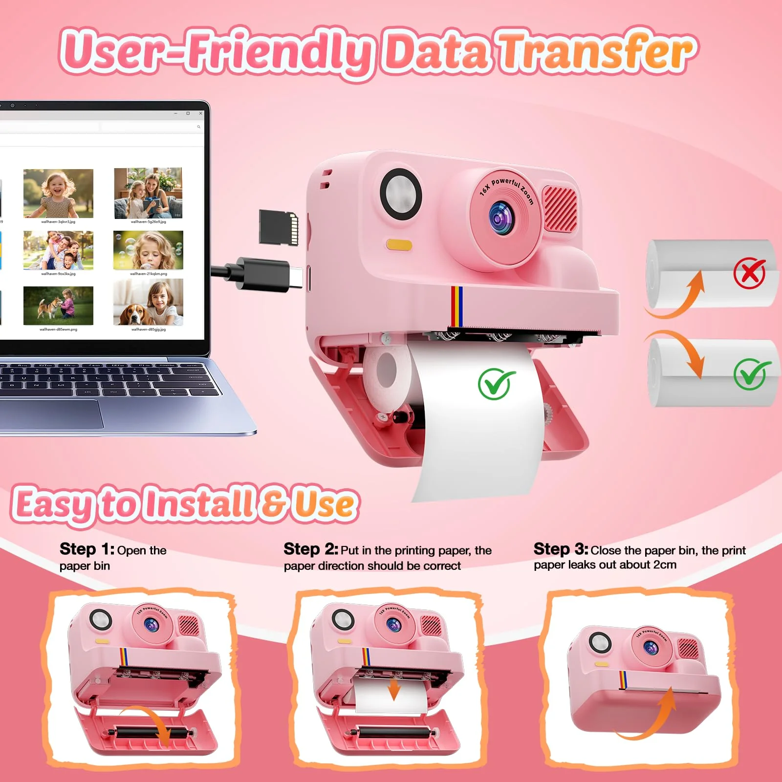 Instant Print Camera for Kids, App Printing, 1080P Video, Dual-Lens Selfie Digital Camera with 32G SD, Christmas Birthday Gifts for Girls Boys 4 5 6 7 8 9 10 11 12 Year Old, Portable Toddler Toy - Image 4