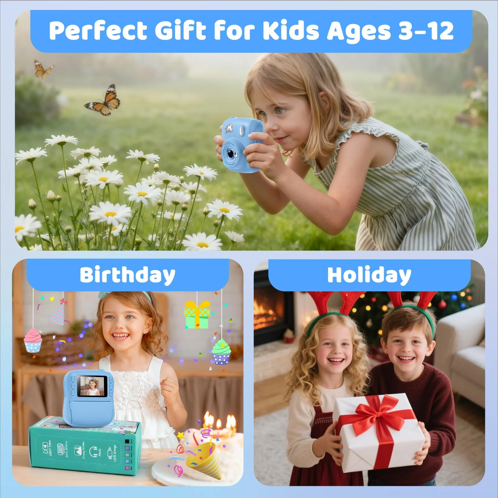 Instant Print Camera for Kids,Christmas Birthday Gifts for 3 4 5 6 7 8 9 10 11 12 Year Old Boys Girls,Toddler Digital Video Camcorder Cameras, Best 1080P HD Selfie Toy with 32GB SD Card - Image 3
