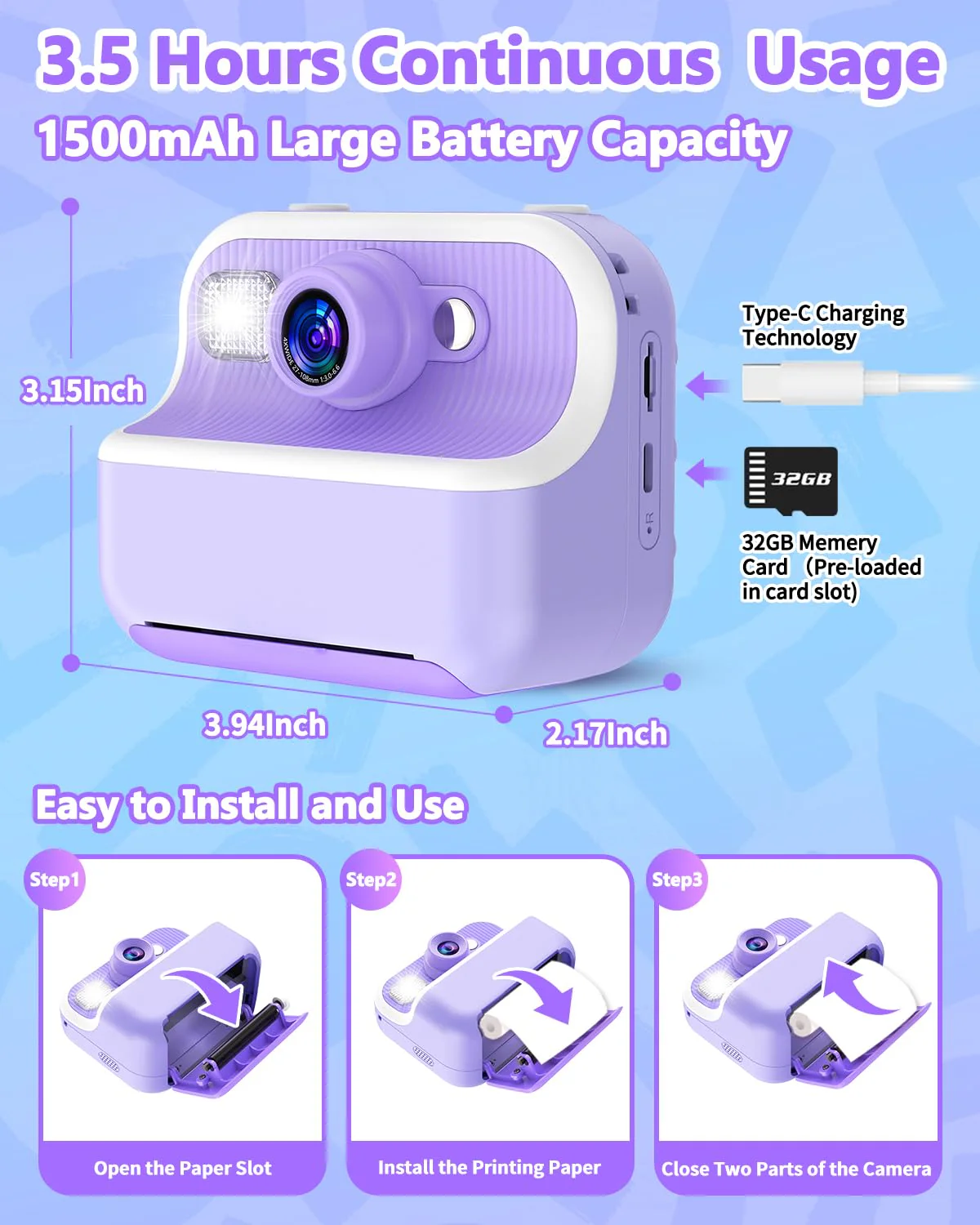 Instant Print Camera for Kids, Christmas Birthday Gifts for Girls Boys, Kids Camera Instant Print with Dual Camera 1080P Digital Camera Toys for 4 5 6 7 8 9 10 Year Old Girl with 32GB SD Card-Purple - Image 2