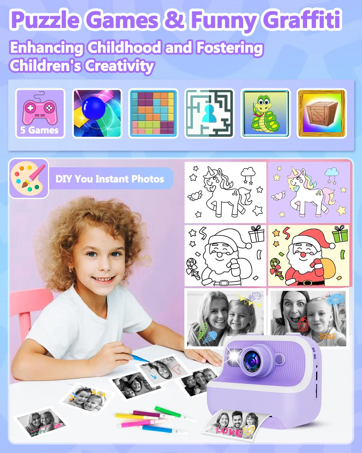 Instant Print Camera for Kids, Christmas Birthday Gifts for Girls Boys, Kids Camera Instant Print with Dual Camera 1080P Digital Camera Toys for 4 5 6 7 8 9 10 Year Old Girl with 32GB SD Card-Purple - Image 4