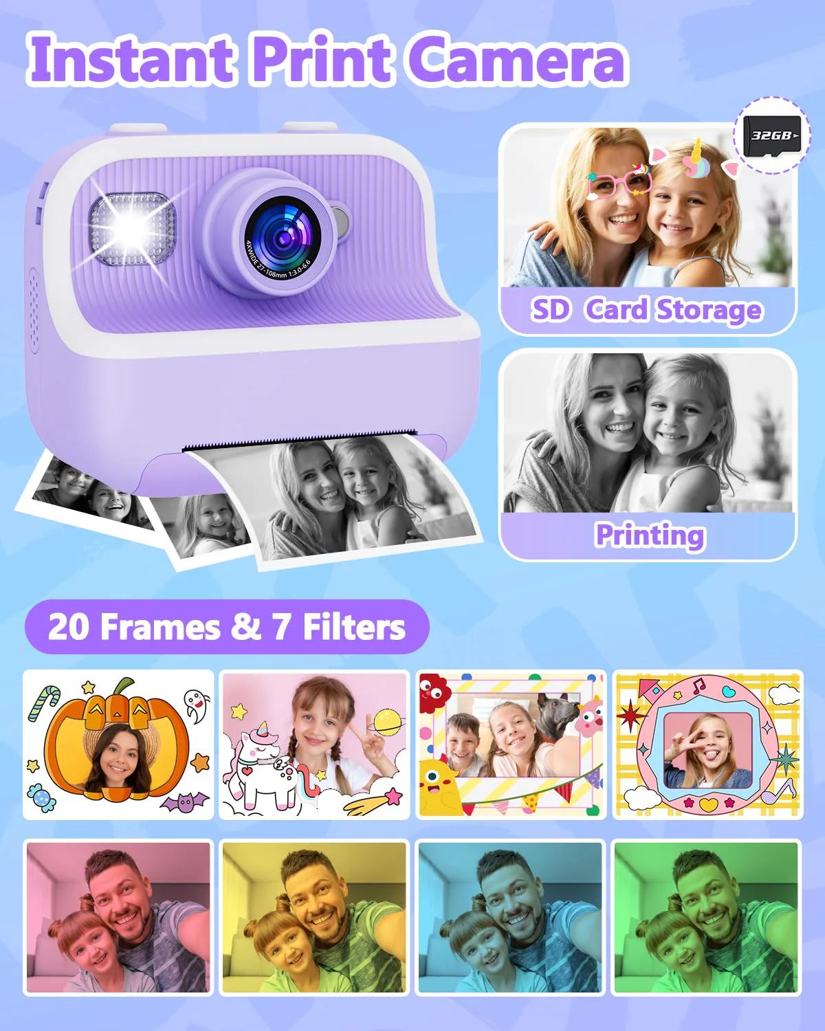 Instant Print Camera for Kids, Christmas Birthday Gifts for Girls Boys, Kids Camera Instant Print with Dual Camera 1080P Digital Camera Toys for 4 5 6 7 8 9 10 Year Old Girl with 32GB SD Card-Purple - Image 5
