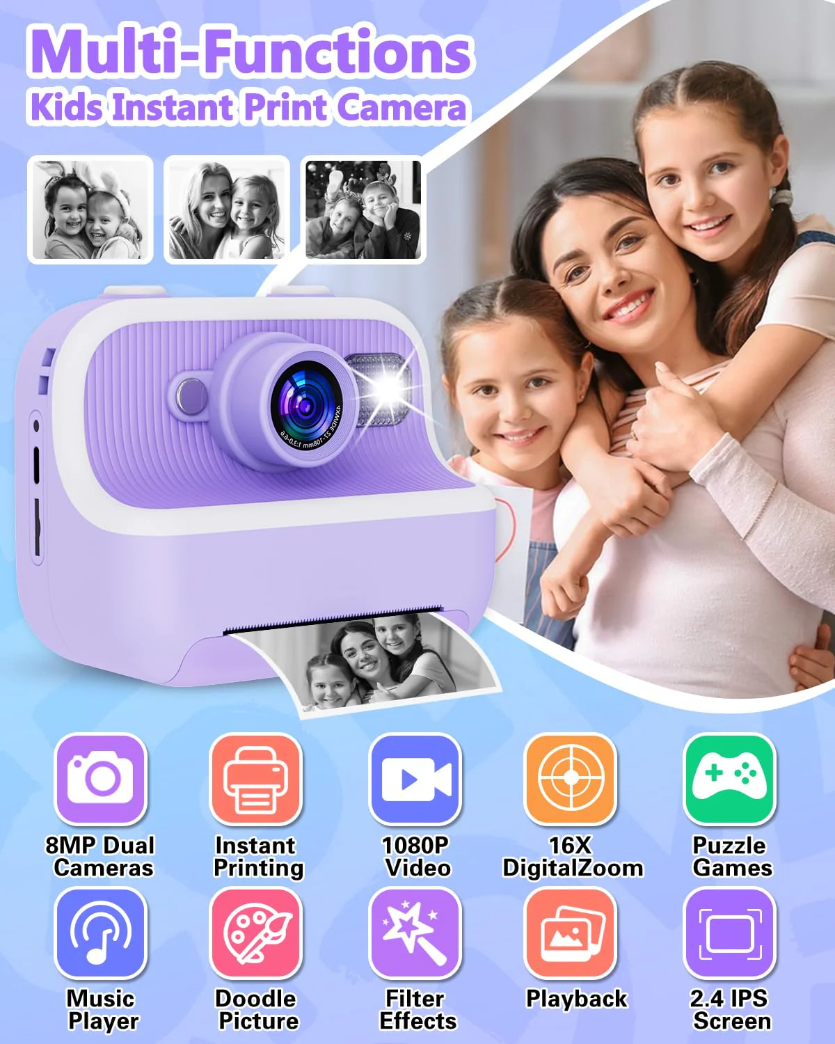 Instant Print Camera for Kids, Christmas Birthday Gifts for Girls Boys, Kids Camera Instant Print with Dual Camera 1080P Digital Camera Toys for 4 5 6 7 8 9 10 Year Old Girl with 32GB SD Card-Purple - Image 7
