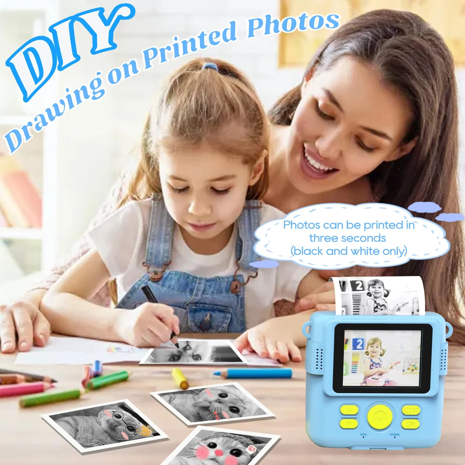 Instant Print Camera for Kids with 3 Rolls of Printer Paper, 1080P Toddler Digital Camera Toys for Age 3-12 with 32GB SD Card, Christmas & Birthday Gifts for 3 4 5 6 7 8 Year Old Girls & Boys (Blue) - Image 3