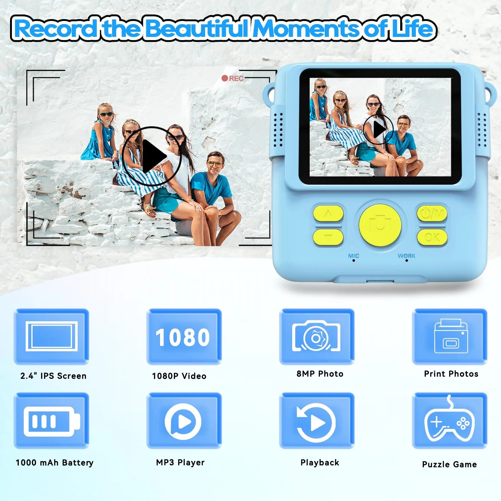 Instant Print Camera for Kids with 3 Rolls of Printer Paper, 1080P Toddler Digital Camera Toys for Age 3-12 with 32GB SD Card, Christmas & Birthday Gifts for 3 4 5 6 7 8 Year Old Girls & Boys (Blue) - Image 6